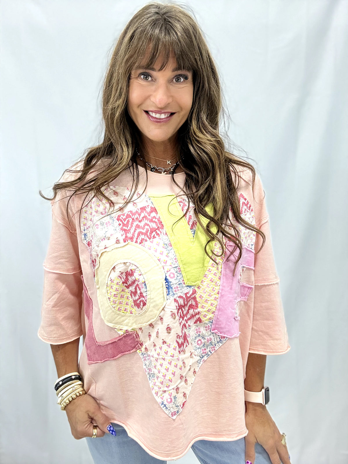 Love To Be Free Oversized Patchwork Top In Peach