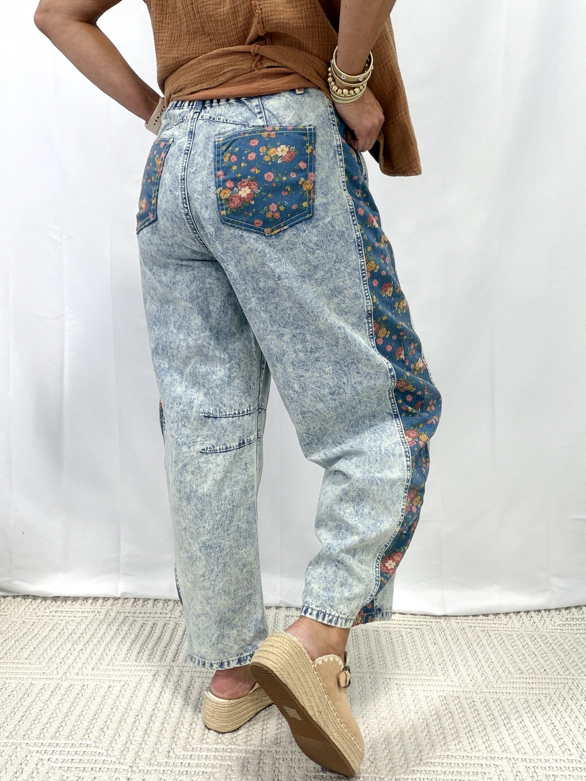 POL Contrast Stitch Floral Dart Pants In Denim  *Final Sale*