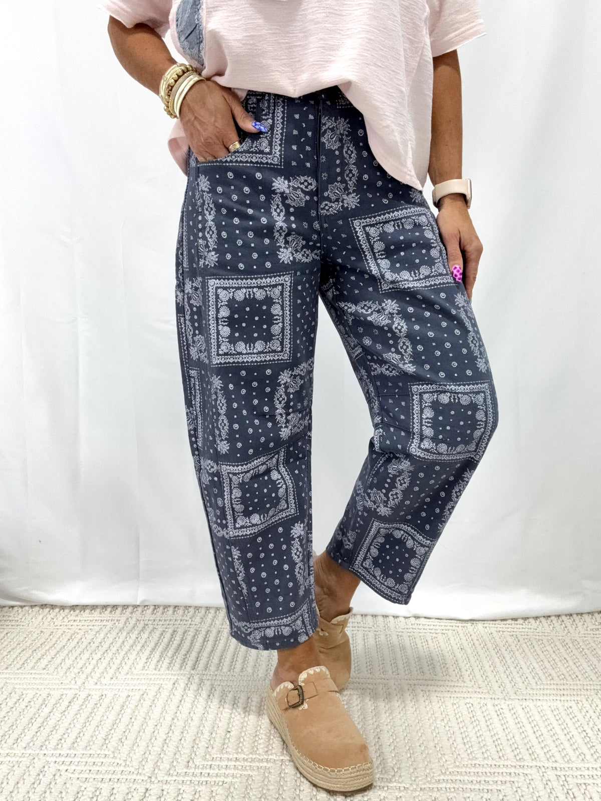 Keep Me Close Bandana Print Barrel Pants In Denim