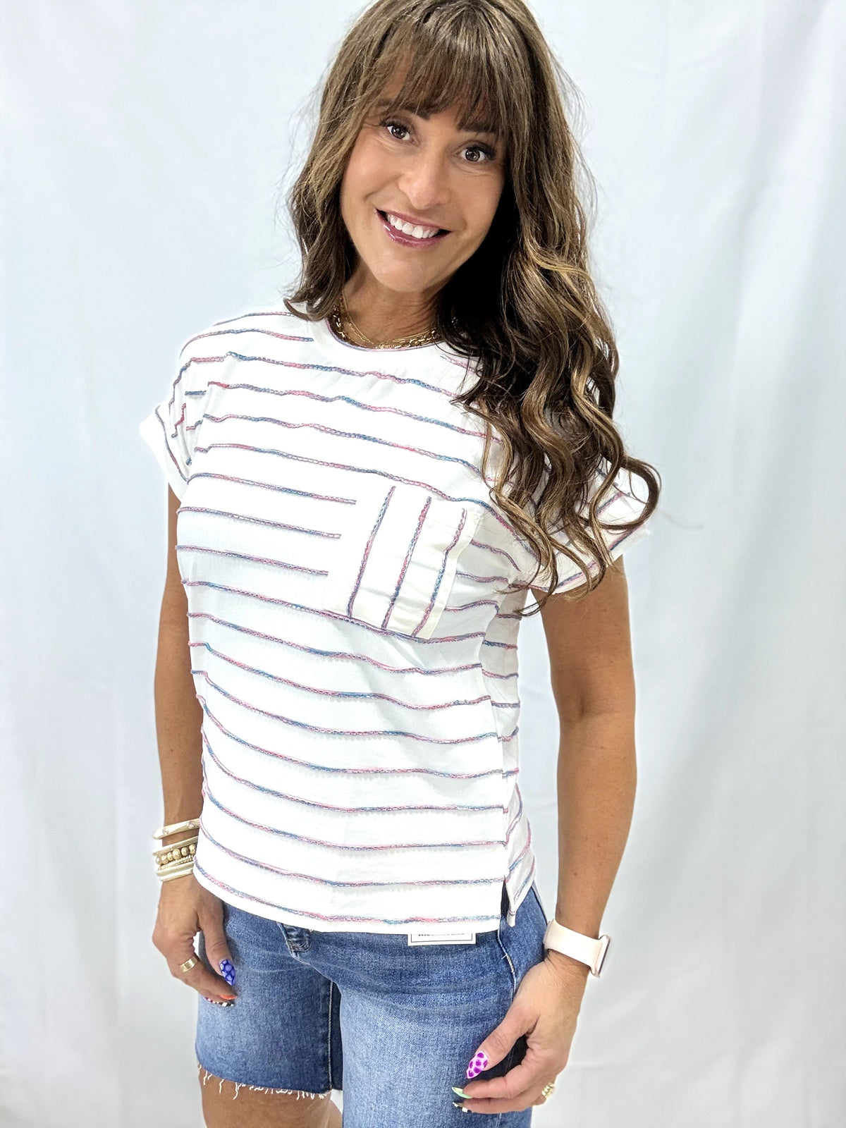 Cuff Sleeves Striped Top In Ivory/Teal *Final Sale*
