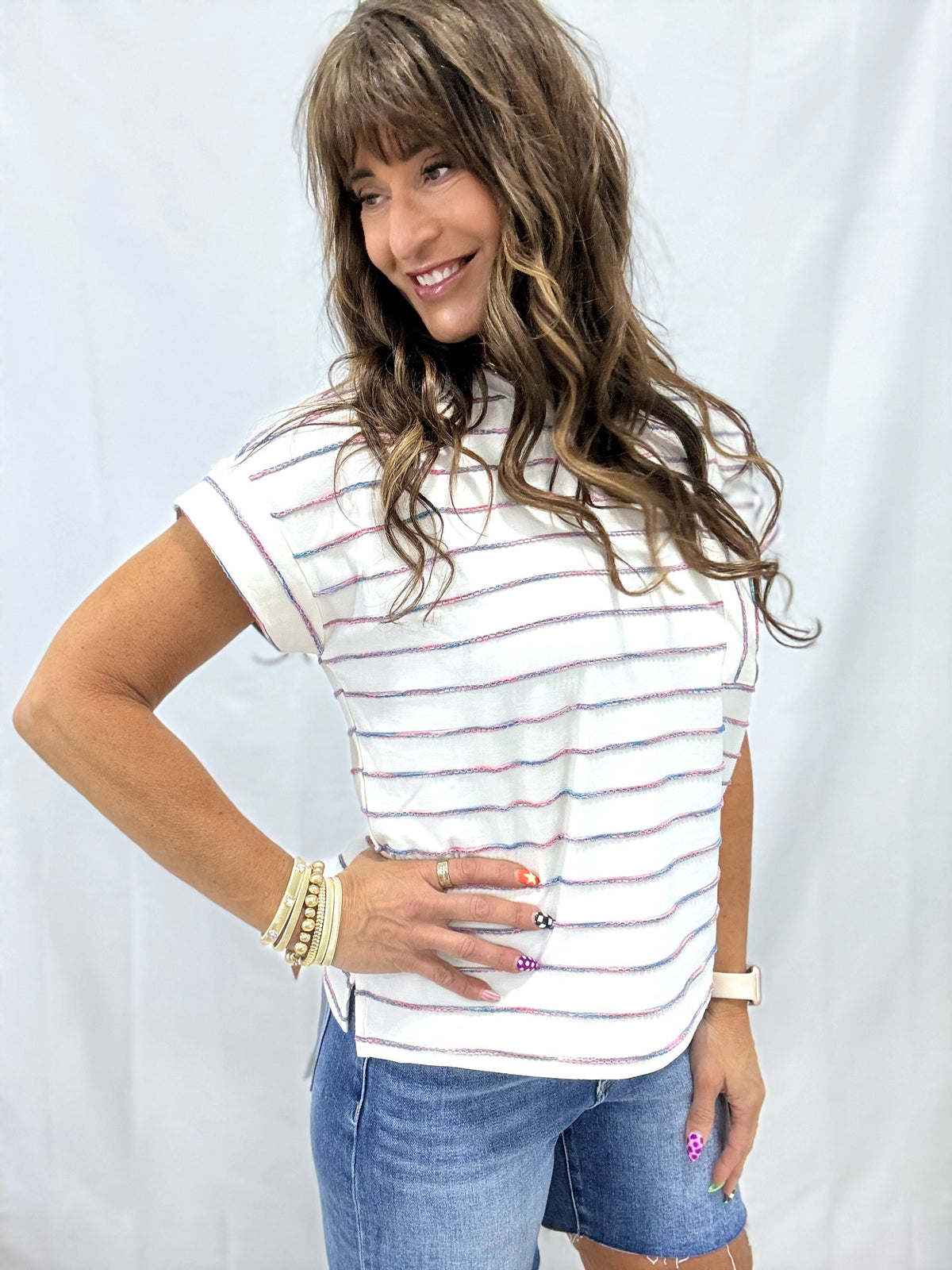 Cuff Sleeves Striped Top In Ivory/Teal *Final Sale*
