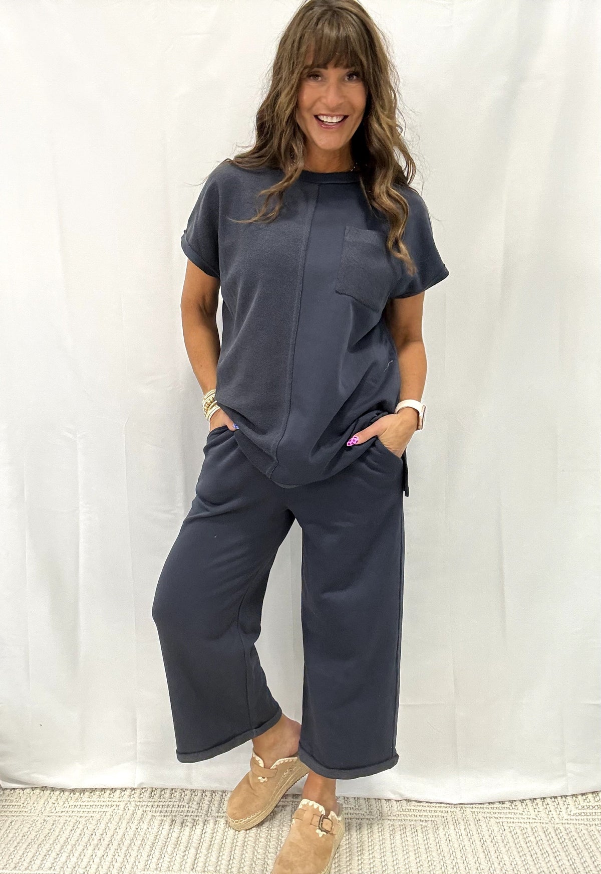 Terry Mixed Top Elastic Waistband Long Pants Set In 3 Colors *Final Sale*
