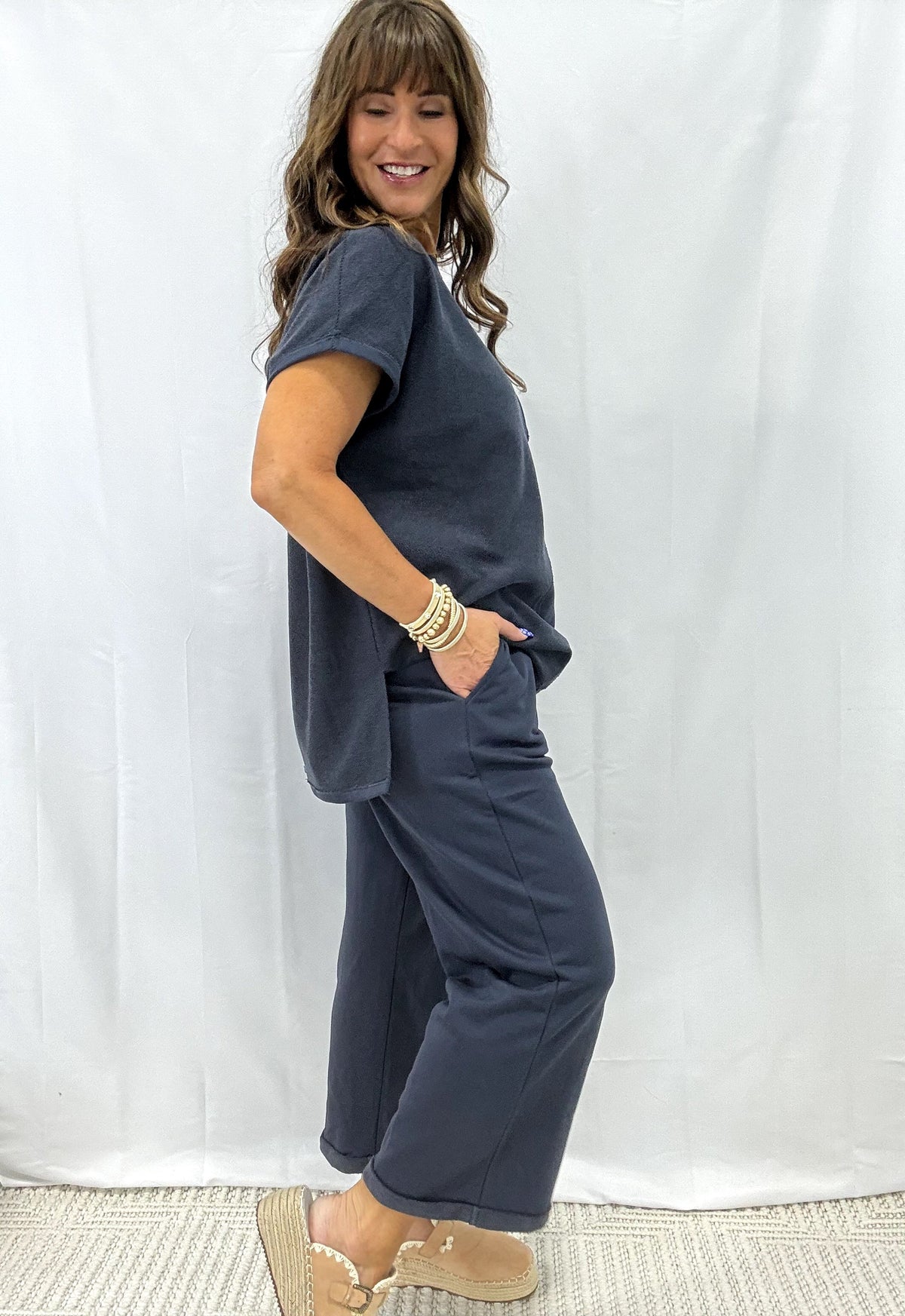 Terry Mixed Top Elastic Waistband Long Pants Set In 3 Colors *Final Sale*