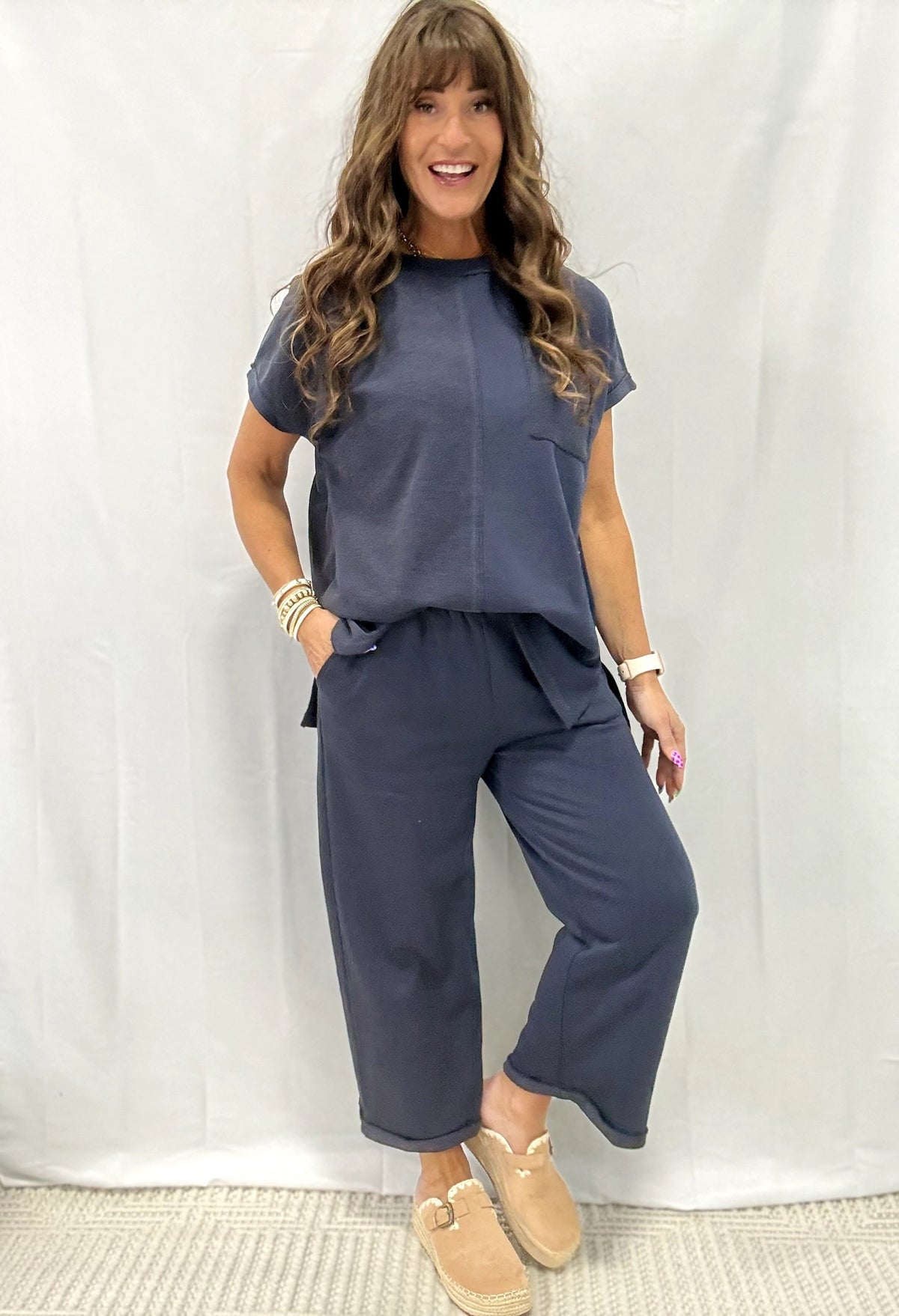 Terry Mixed Top Elastic Waistband Long Pants Set In 3 Colors *Final Sale*