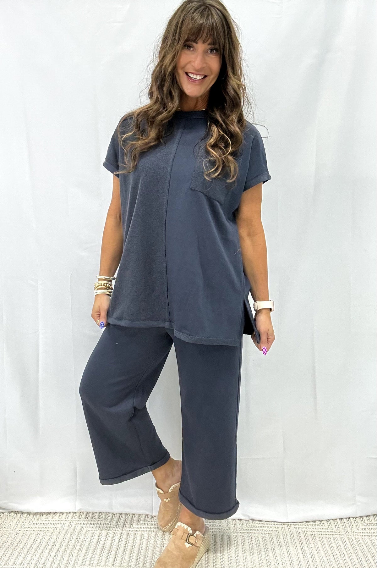 Terry Mixed Top Elastic Waistband Long Pants Set In 3 Colors *Final Sale*