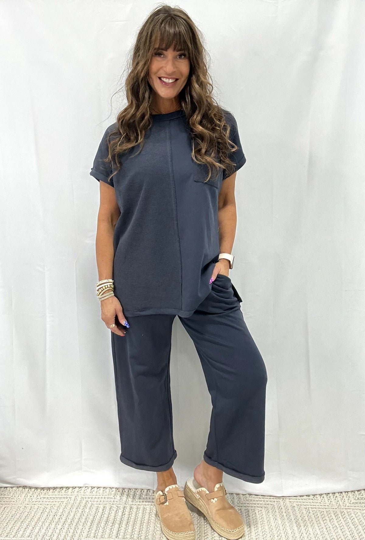 Terry Mixed Top Elastic Waistband Long Pants Set In 3 Colors *Final Sale*