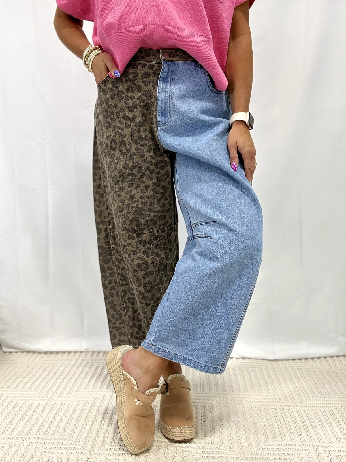 Relaxed Fit Split Design Wide Leg Pants In Brown/Denim *Final Sale*