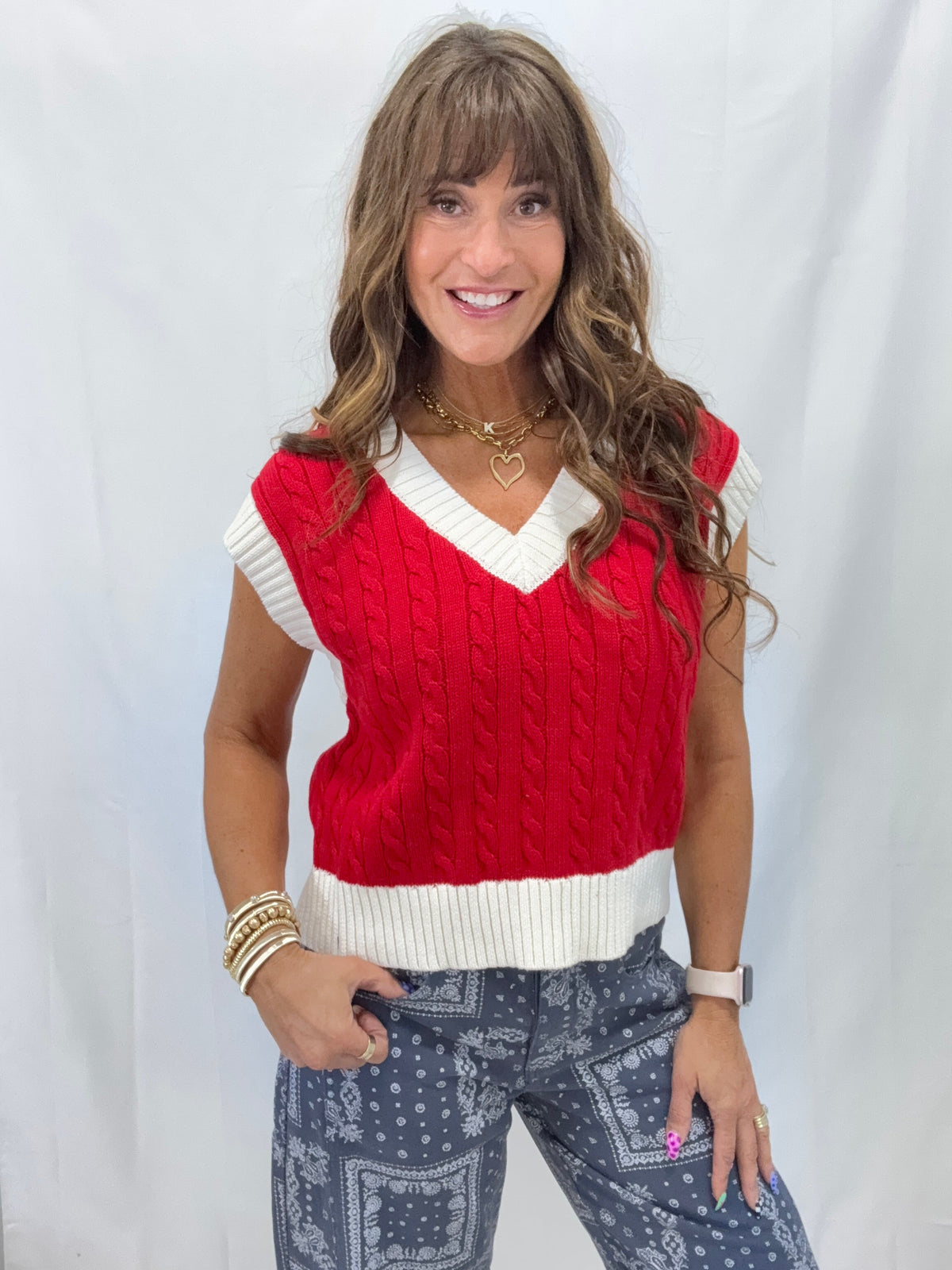 Relaxed Fit Cable Knit V Neck Sleeveless Vest In Red *Final Sale*