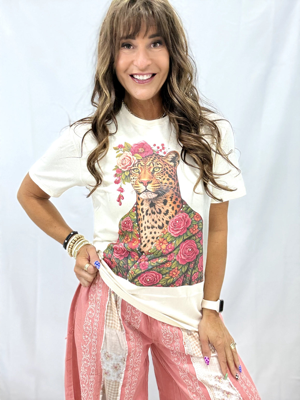 Floral Leopard Crystal Graphic Tee In Cream *Final Sale*