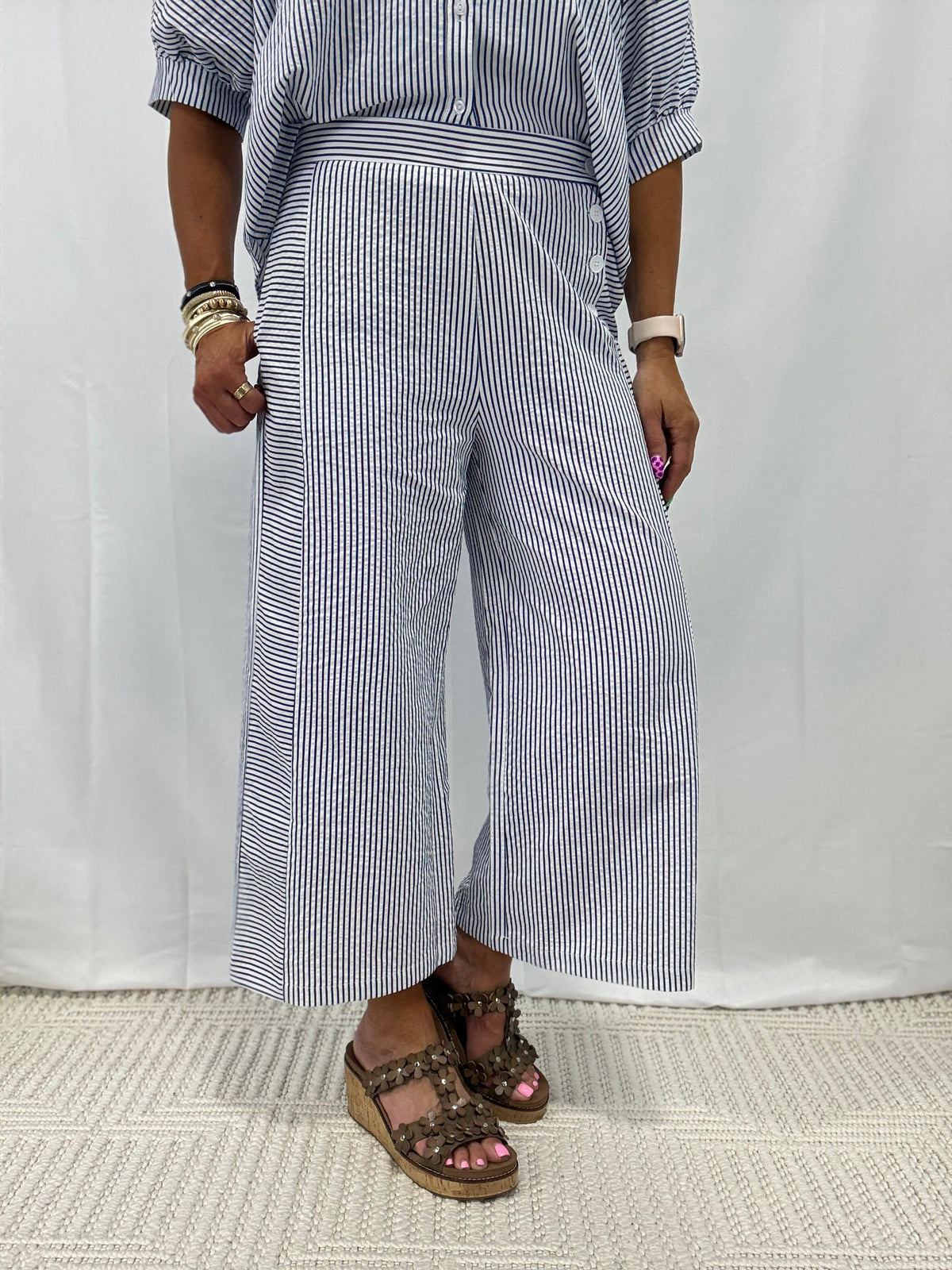 Seaside Stripe Side Button Pants In Navy