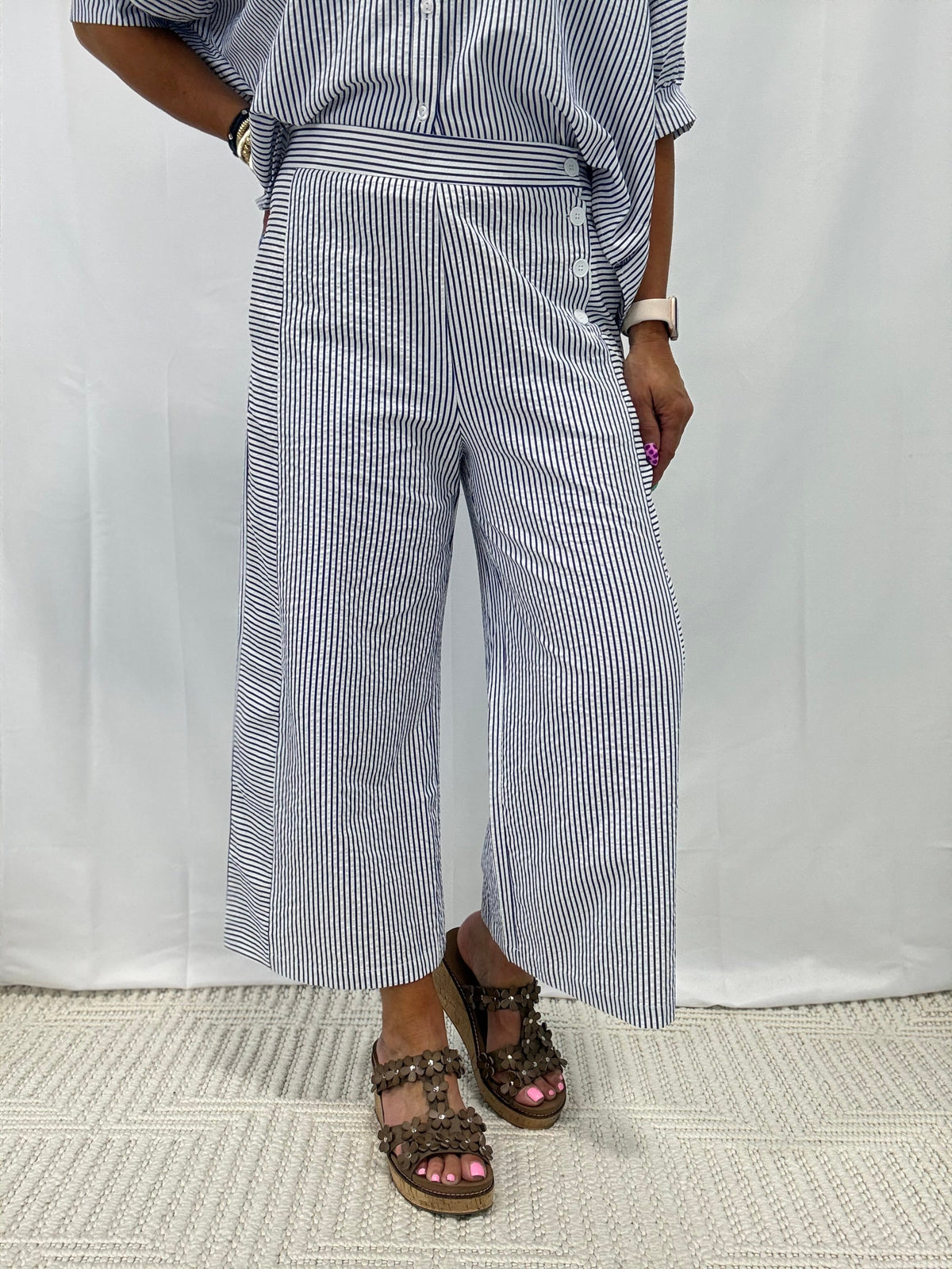 Seaside Stripe Side Button Pants In Navy