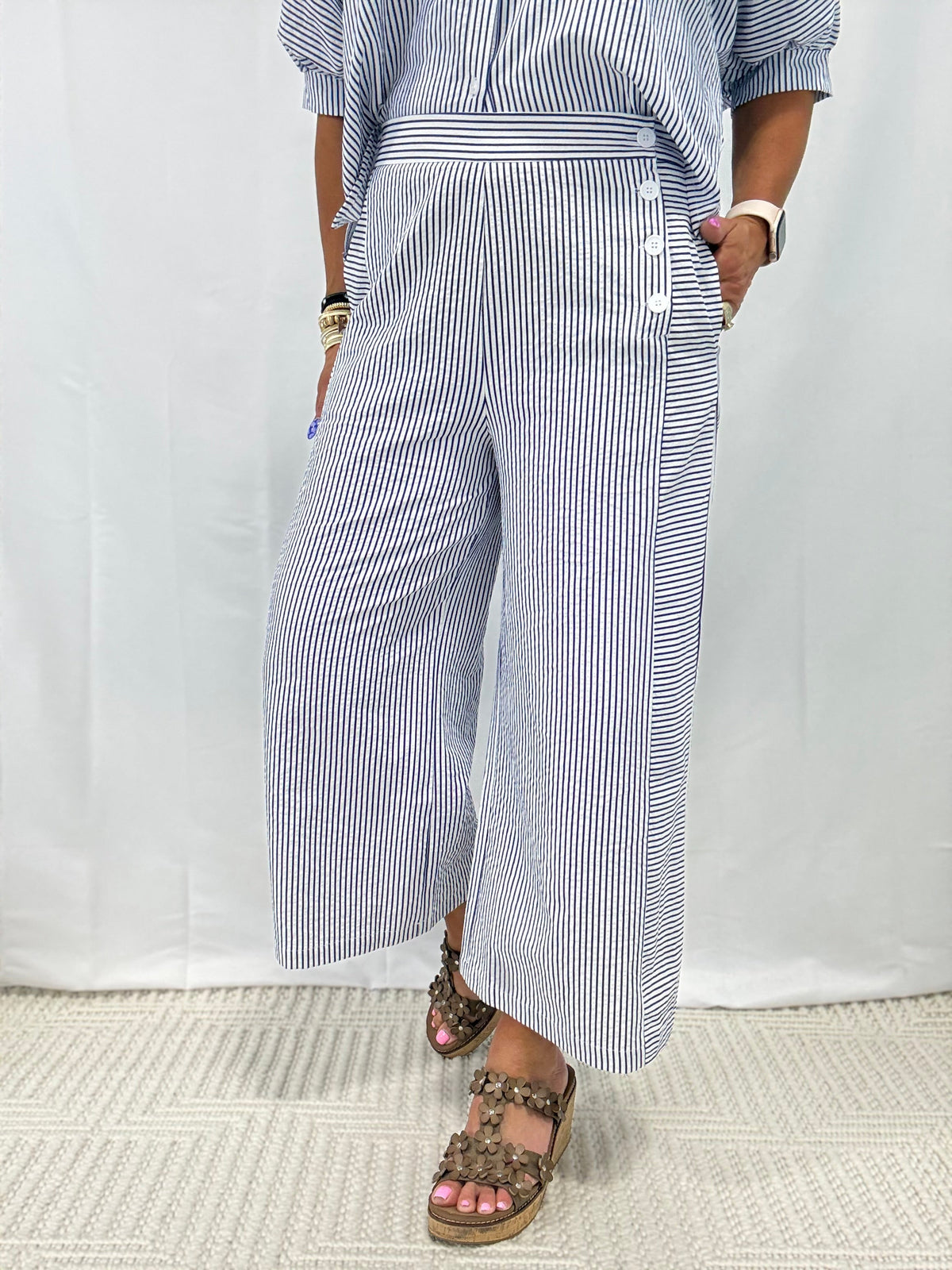 Seaside Stripe Side Button Pants In Navy