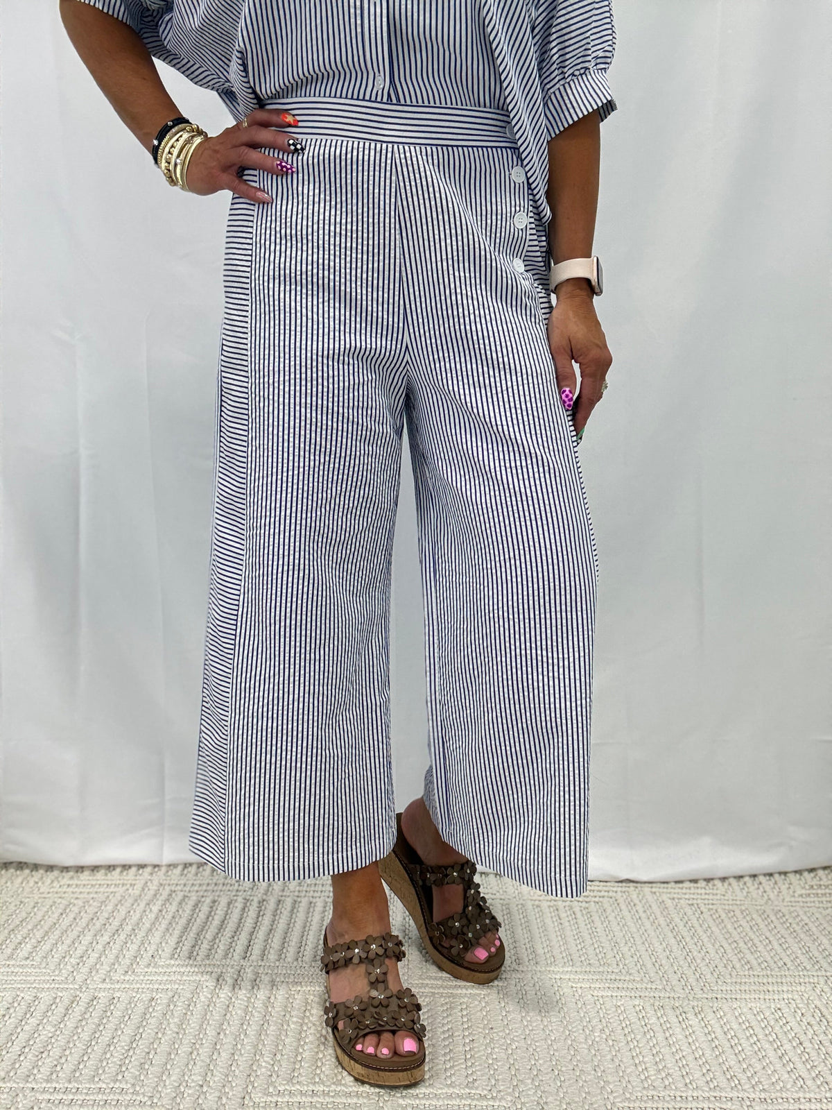 Seaside Stripe Side Button Pants In Navy