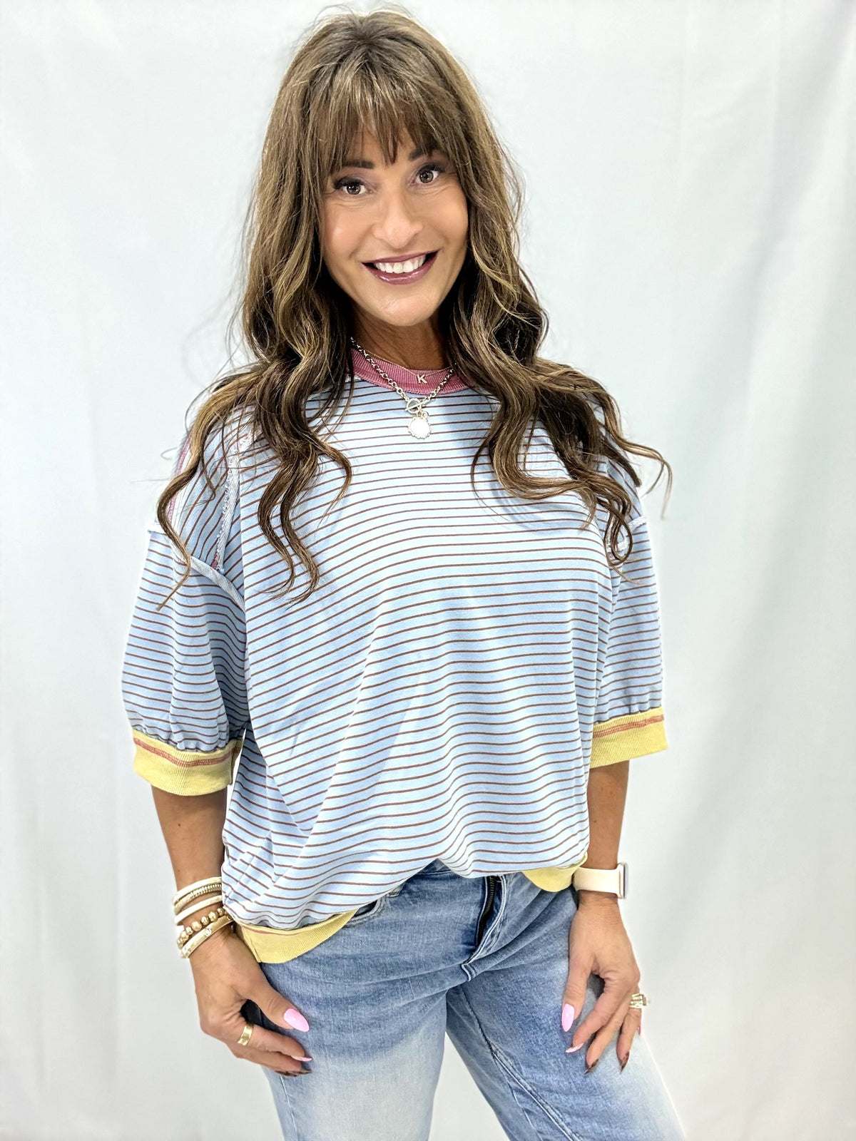 Lucky Me Feeling Stripe Oversized Pullover In Blue Mustard