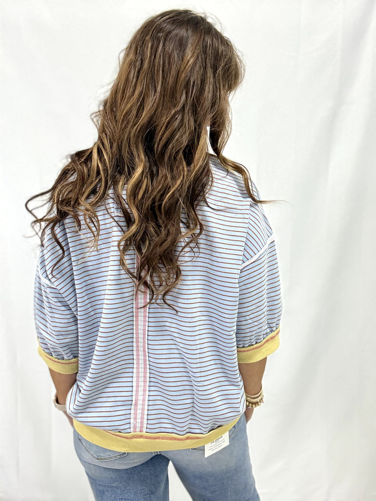 Lucky Me Feeling Stripe Oversized Pullover In Blue Mustard