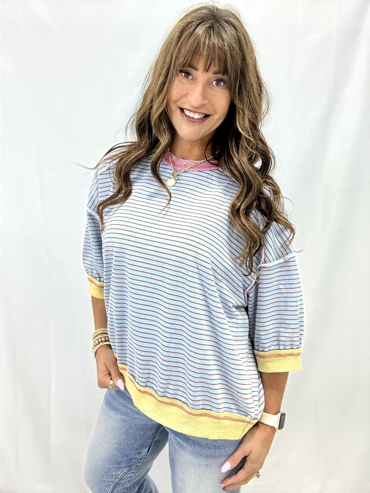 Lucky Me Feeling Stripe Oversized Pullover In Blue Mustard