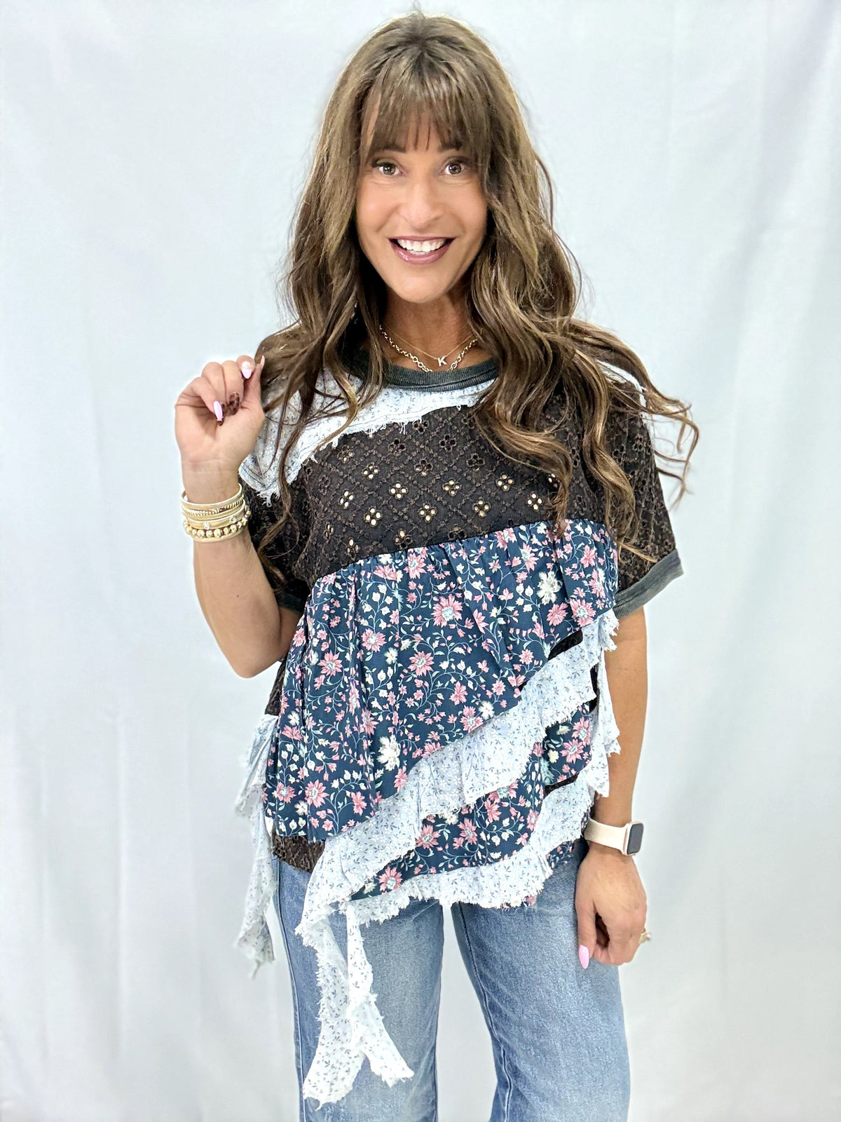Oli & Hali Used To This Floral Tiered Top In Black