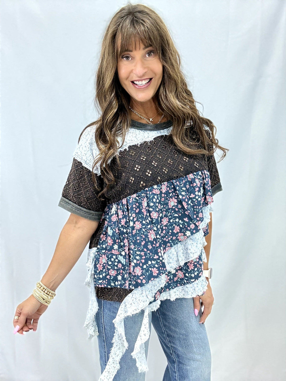 Oli & Hali Used To This Floral Tiered Top In Black