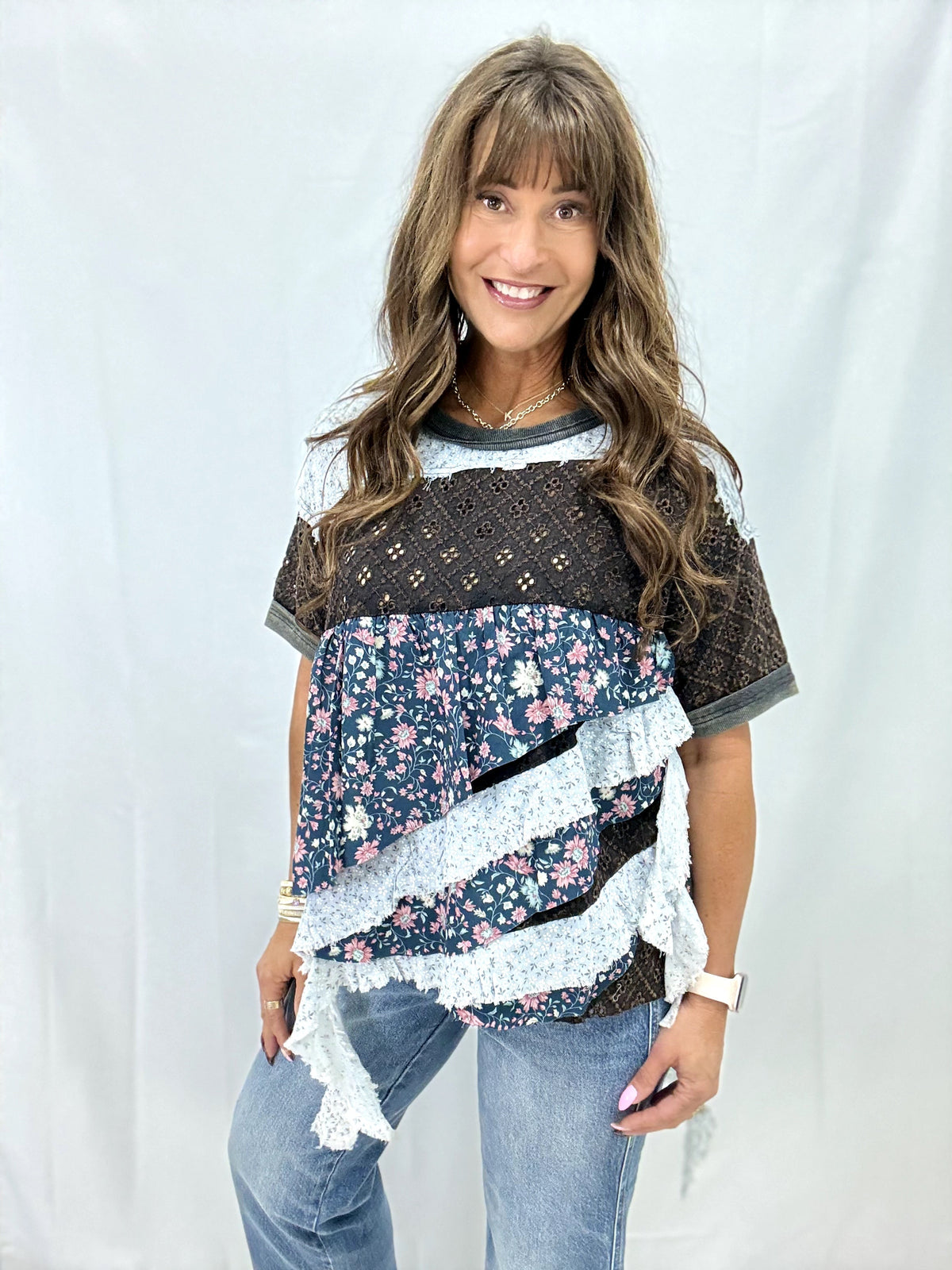 Oli & Hali Used To This Floral Tiered Top In Black