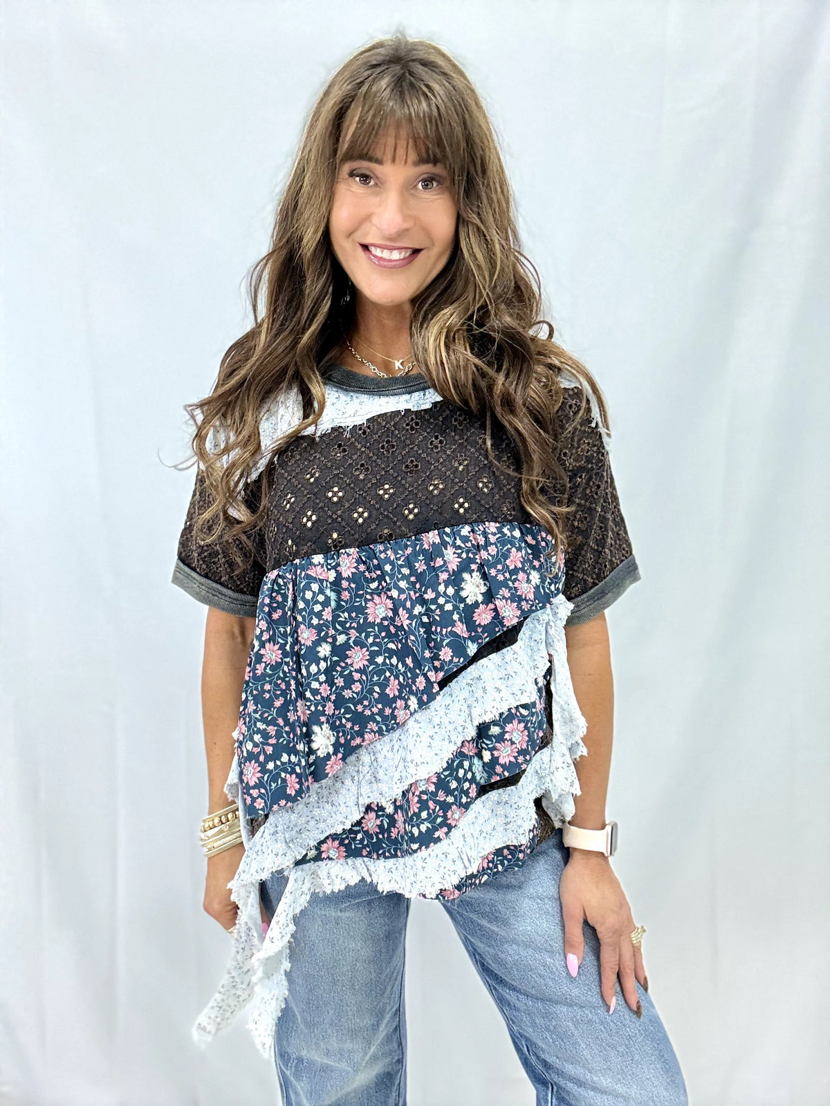Oli & Hali Used To This Floral Tiered Top In Black