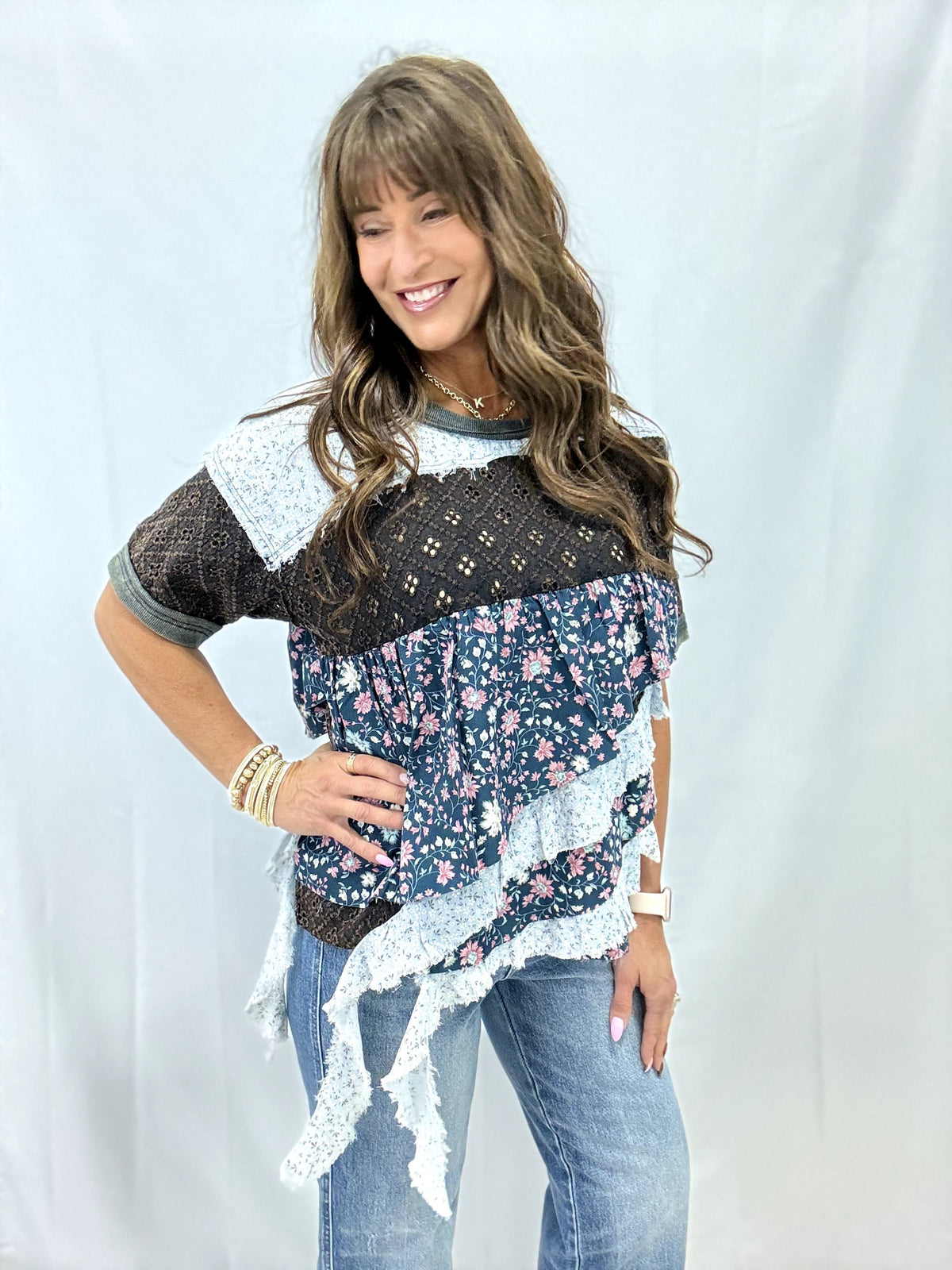 Oli & Hali Used To This Floral Tiered Top In Black