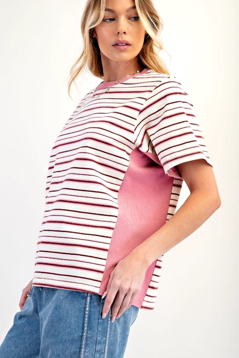Mixed Media Stipe & Solid Short Sleeve Top