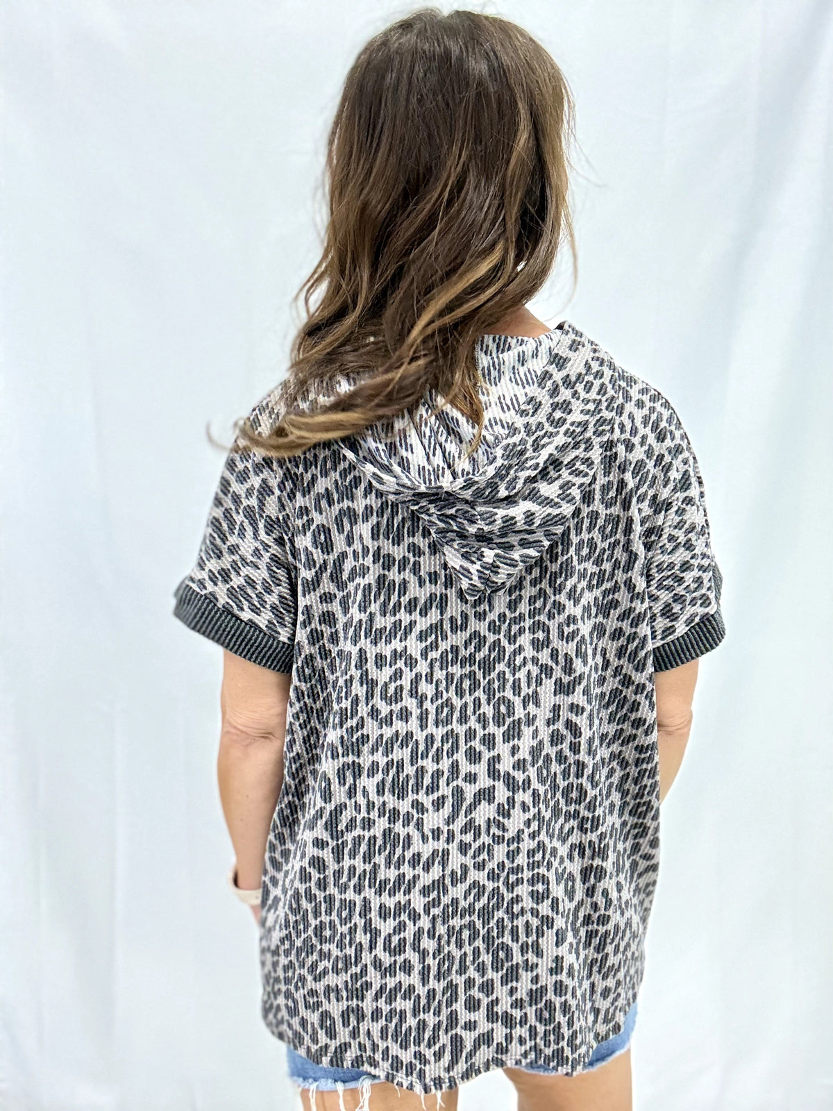 Short Sleeve Animal And Solid Contrast Hooded Top In 2 Colors *Final Sale*