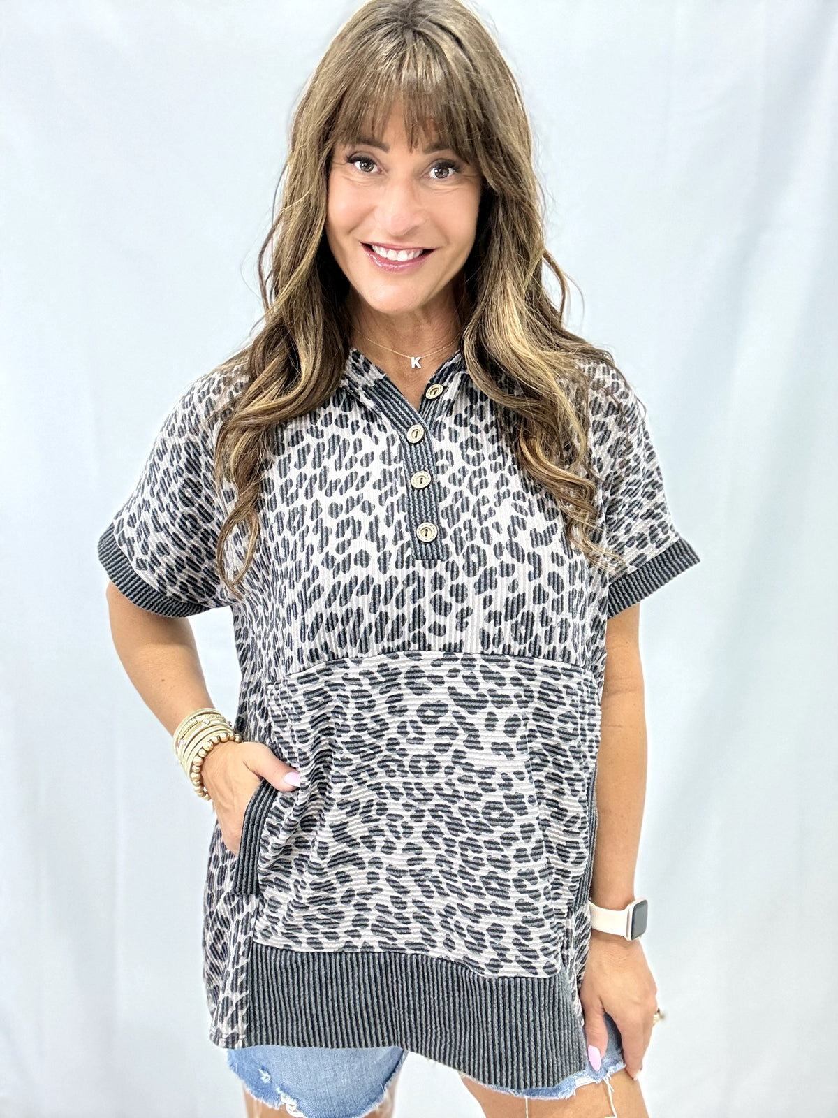 Short Sleeve Animal And Solid Contrast Hooded Top In 2 Colors *Final Sale*