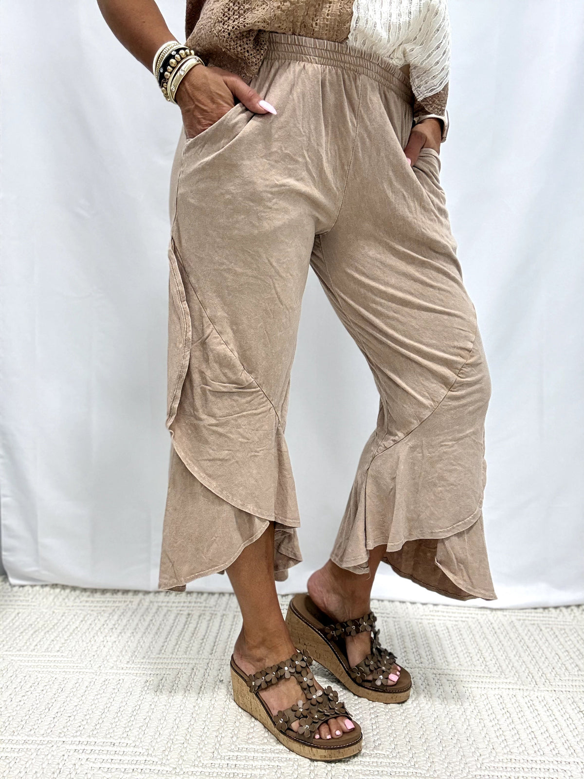 Ruffle Cross Over Crop Pants In 3 Colors