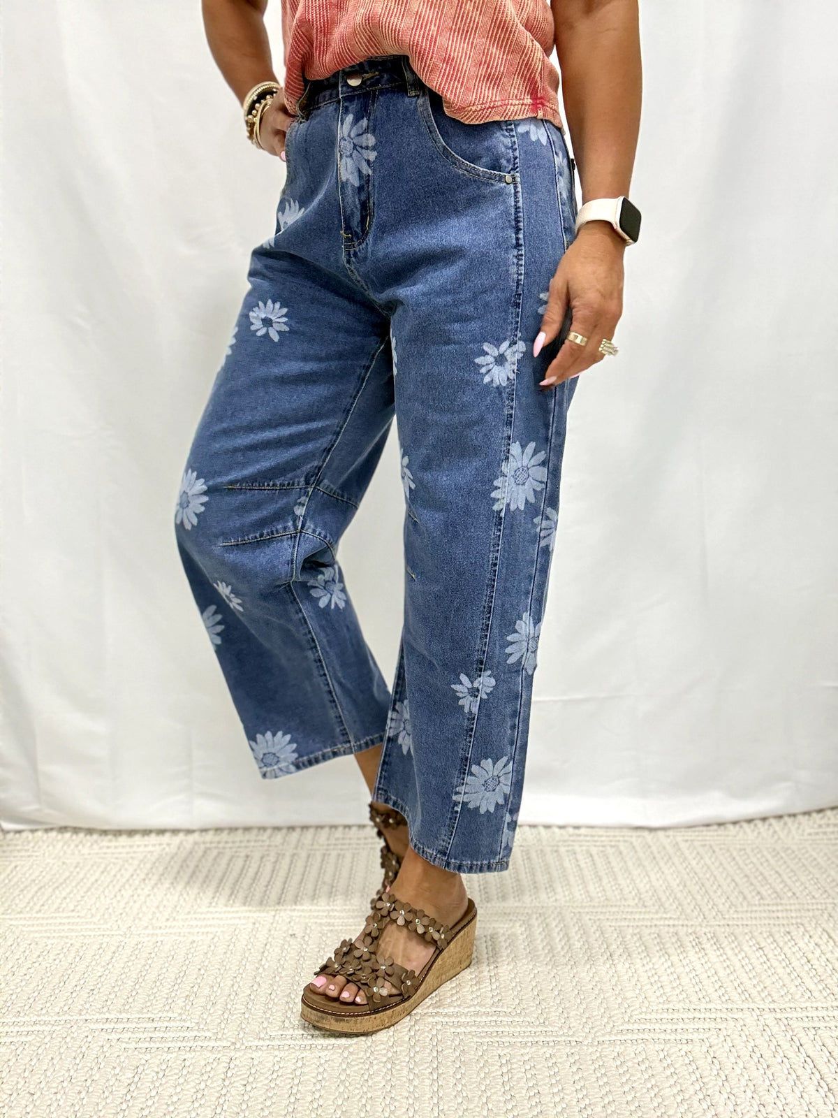 Floral Beauty Barrel Jeans in Denim Blue
