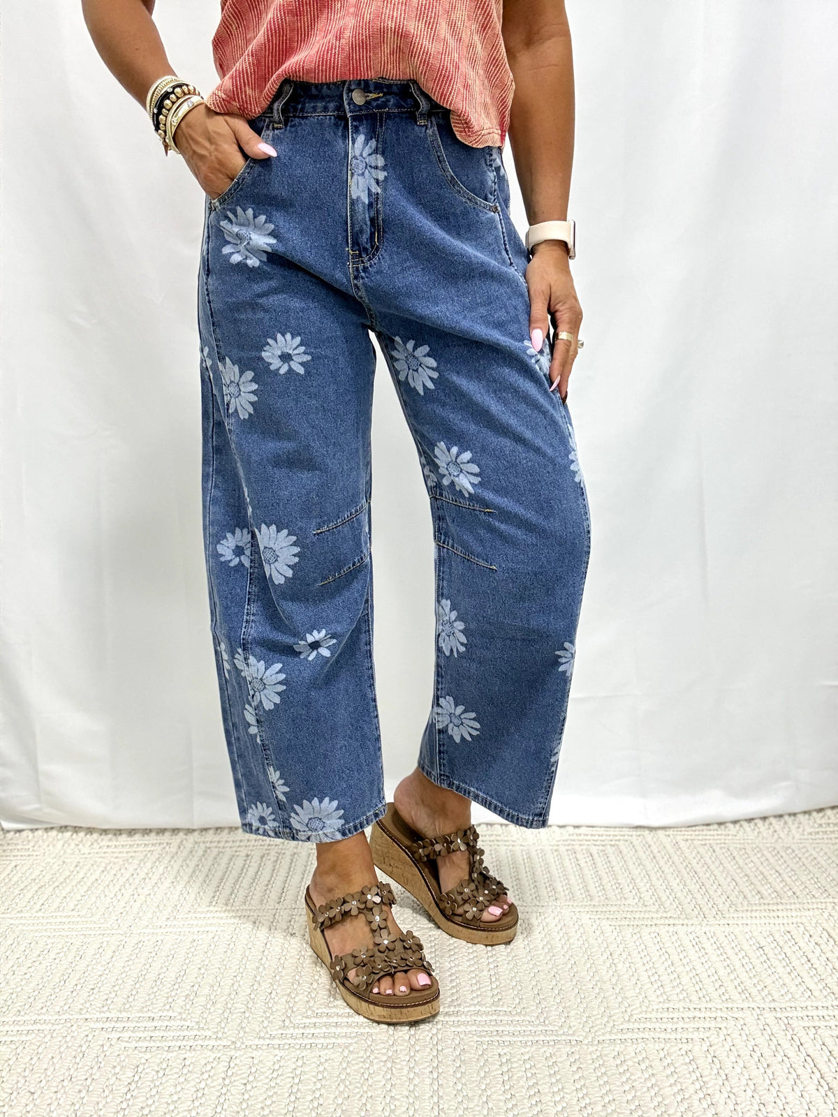 Floral Beauty Barrel Jeans in Denim Blue