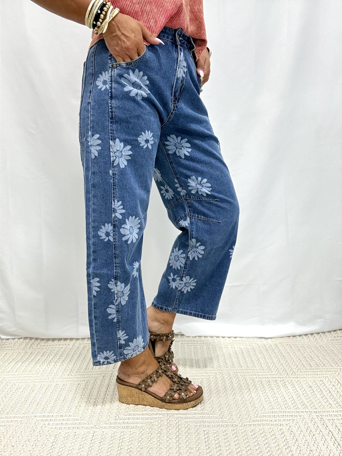 Floral Beauty Barrel Jeans in Denim Blue