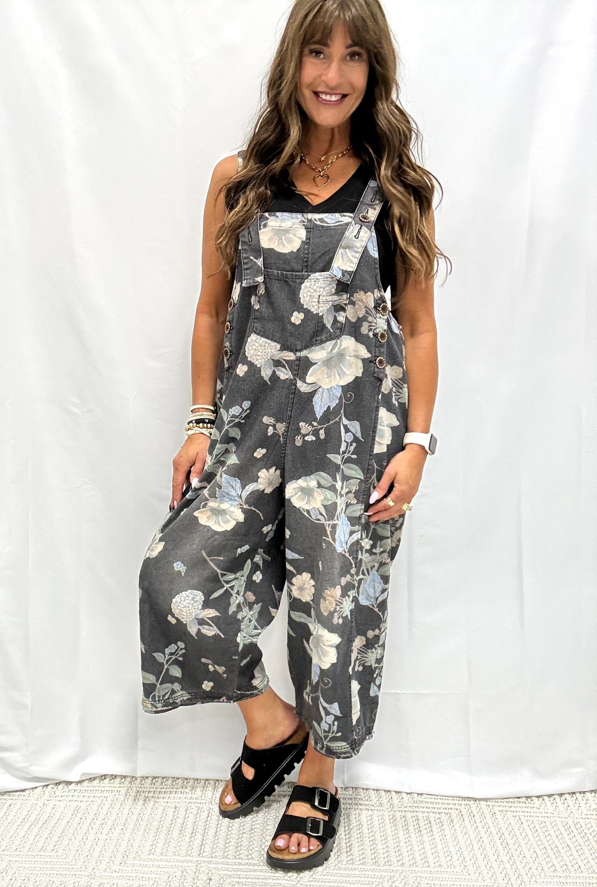 Flower Printed Washed Denim Jumpsuit In 3 Colors