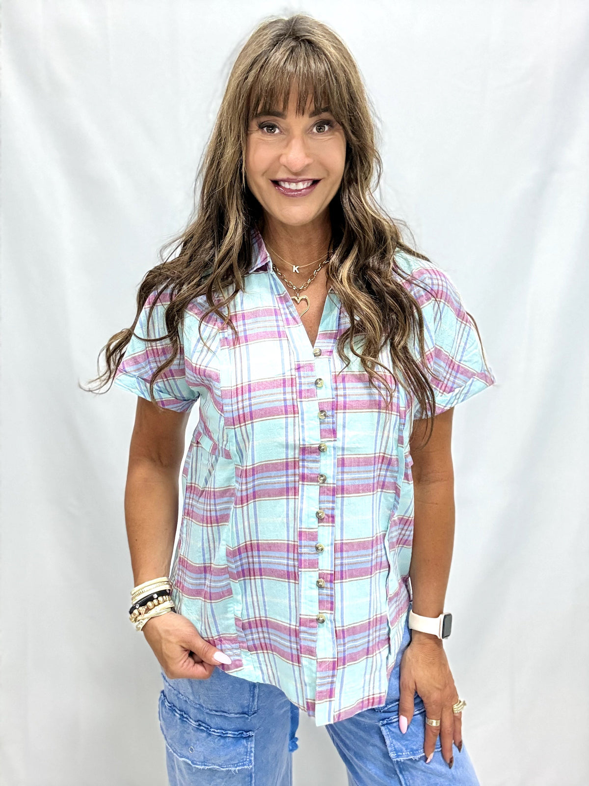 Say It Again Plaid Print Button Down Top In 2 Colors