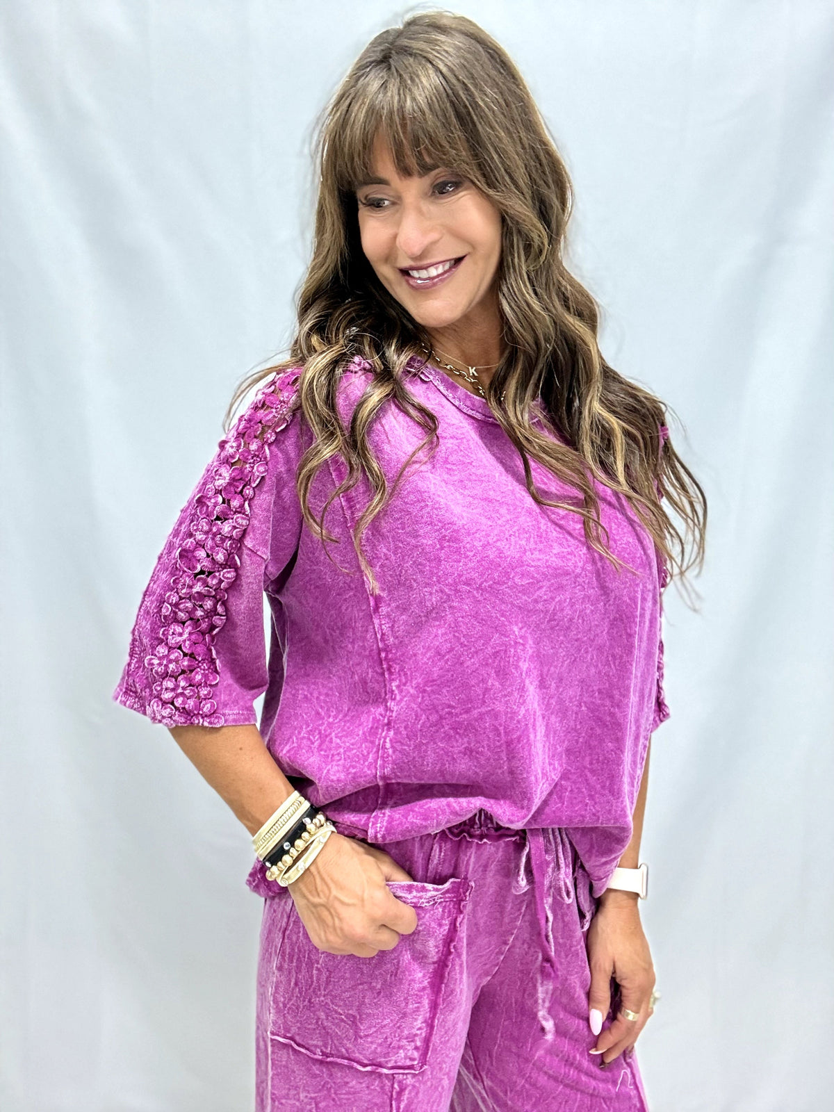 Petal Pusher Mineral Washed Flower Trim Lounge Top In 4 Colors