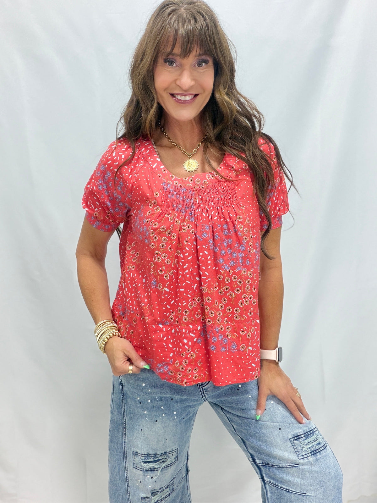 Printed Cotton-Lawn Woven Top In Red