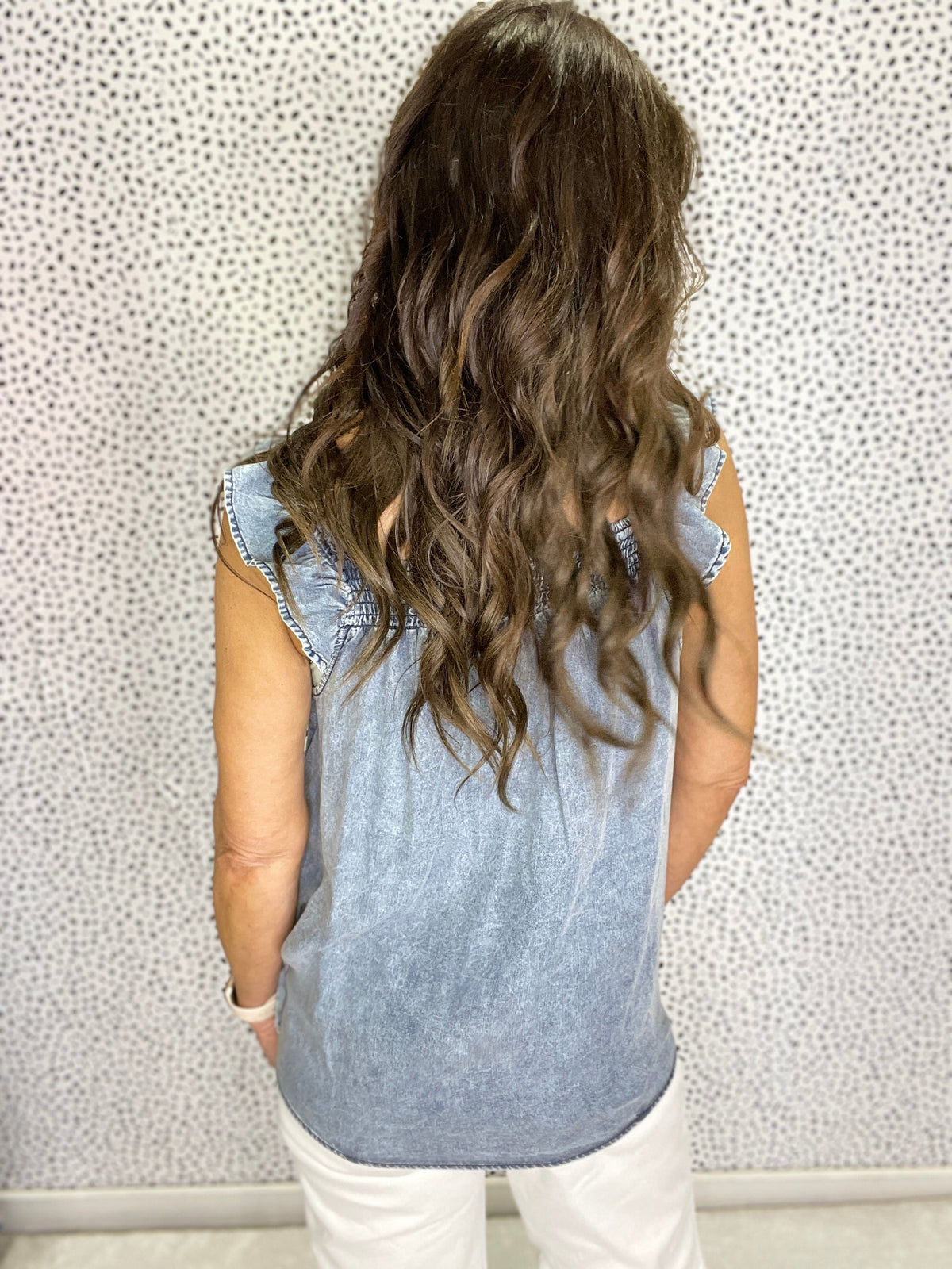 Gracie P Chambray Ruffled Shirred Neckline Sleeveless Denim Tank Top *Final Sale*