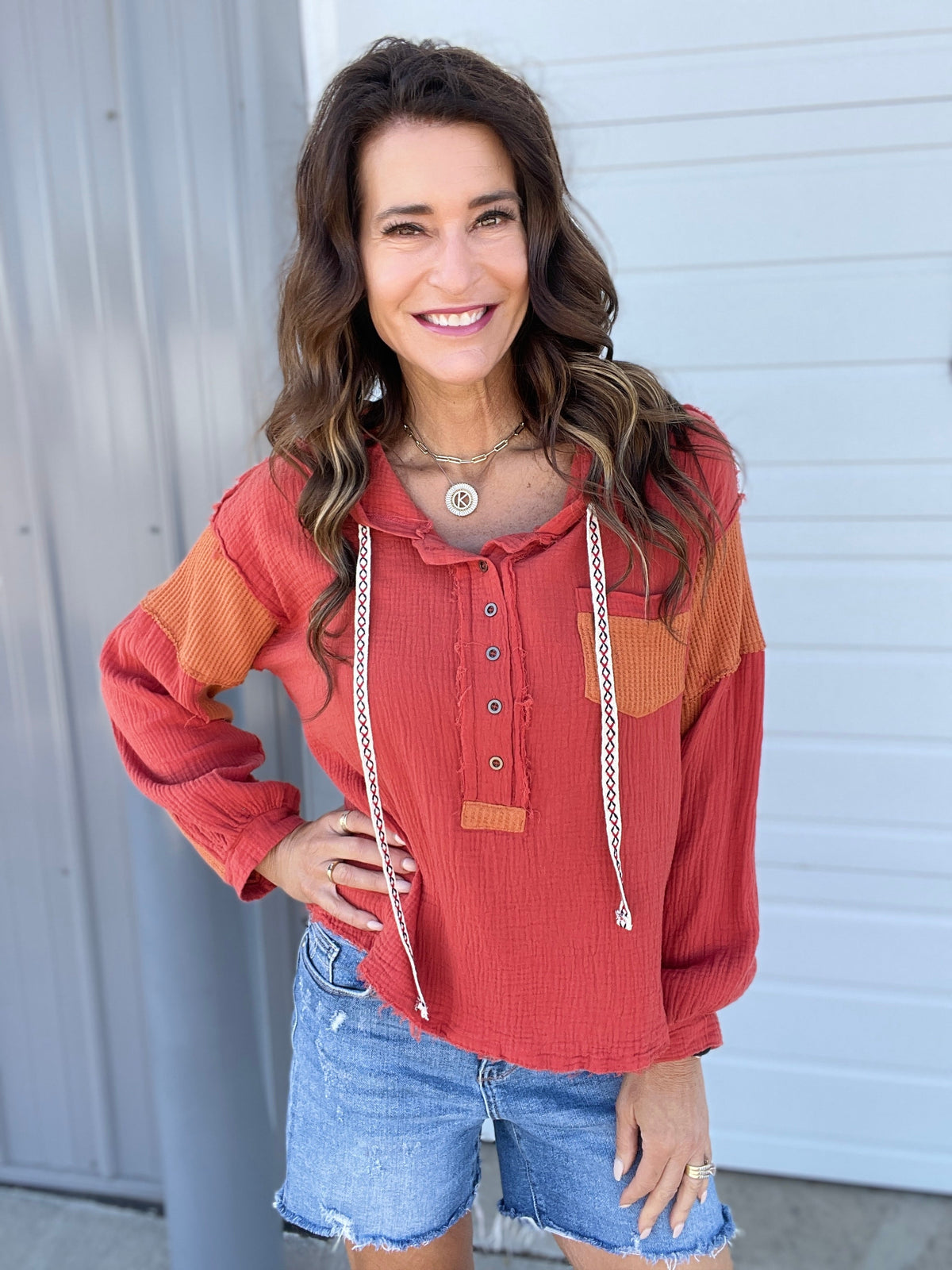 Pol Twenty Questions Woven Hoodie Top In Sunset *Final Sale*