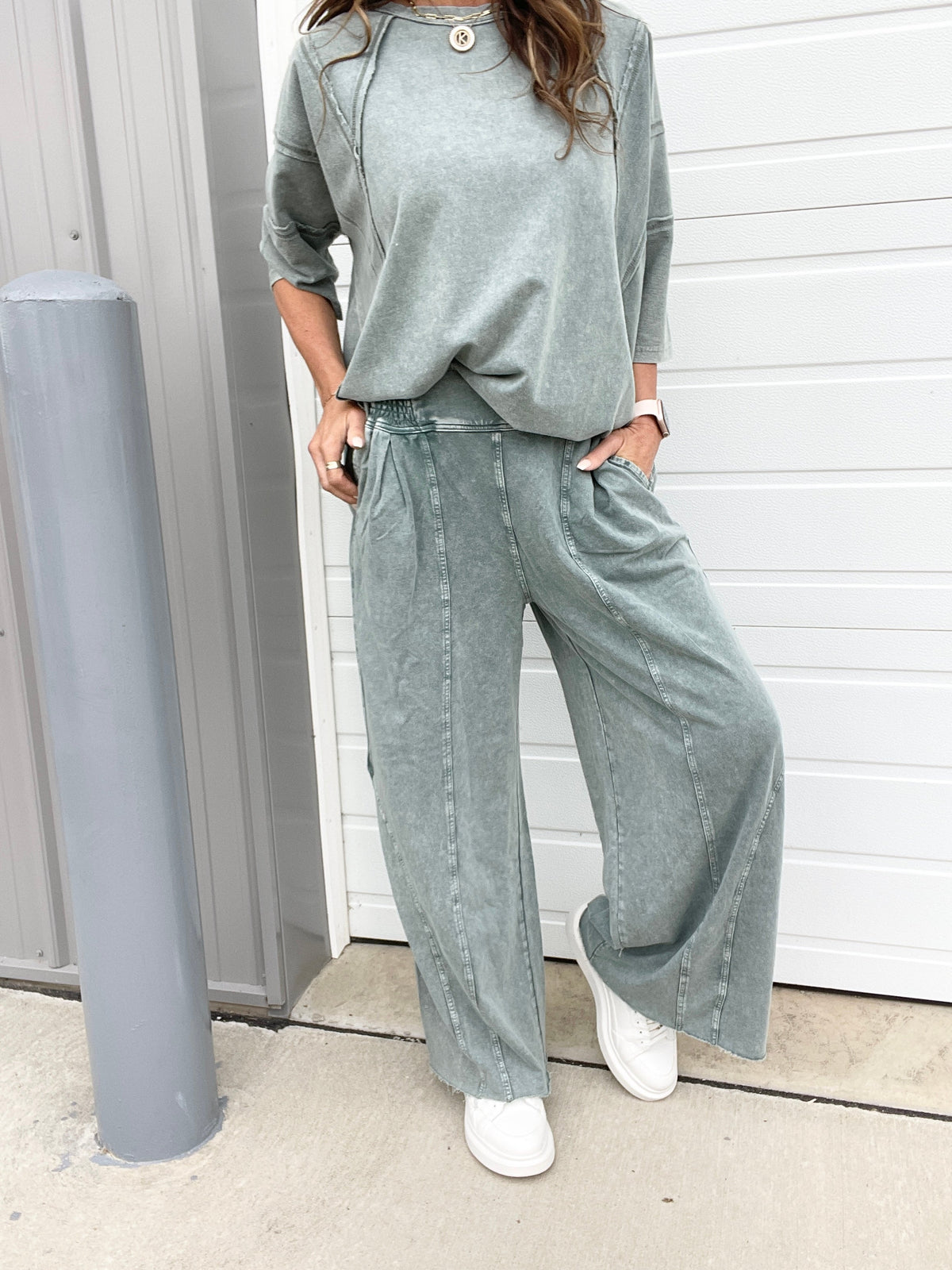 To The Top Mineral Washed Full Length Pants In 3 Colors: Black, Mocha, Green