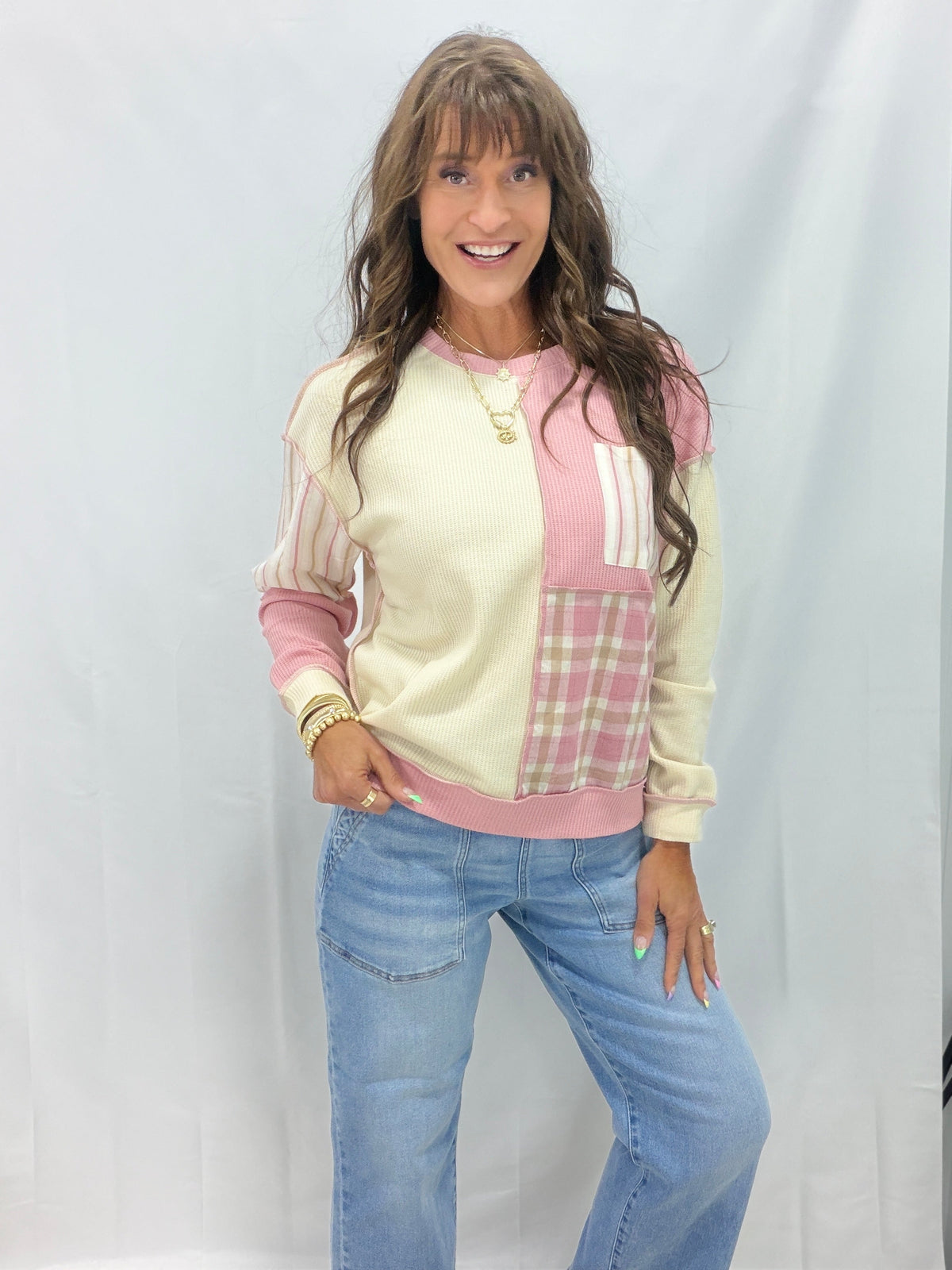 End Up In That Place Patchwork Long Sleeve Top In 2 Colors