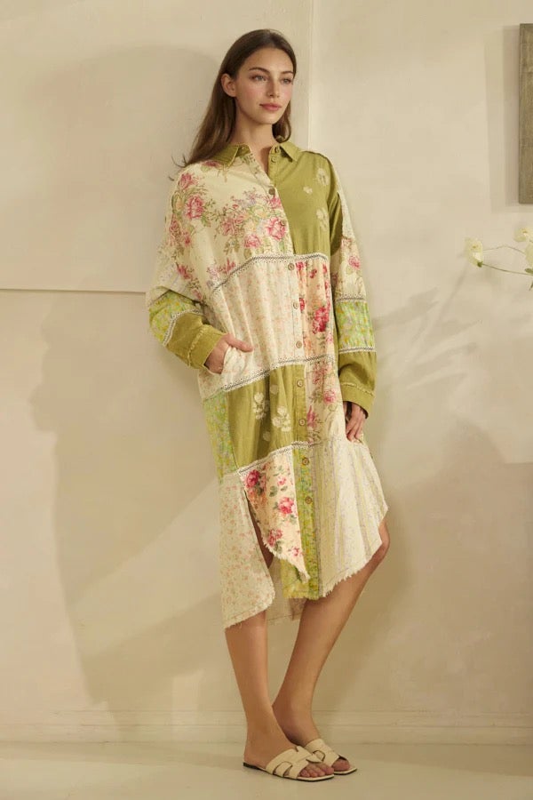Oli & Hali Look My Way Multi Print Long Top Dress  In Olive