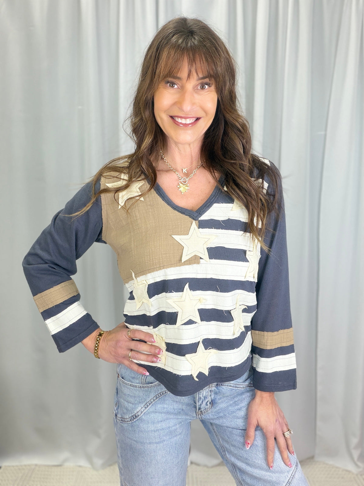 POL Born To Shine Flag Patch Top In 2 Colors