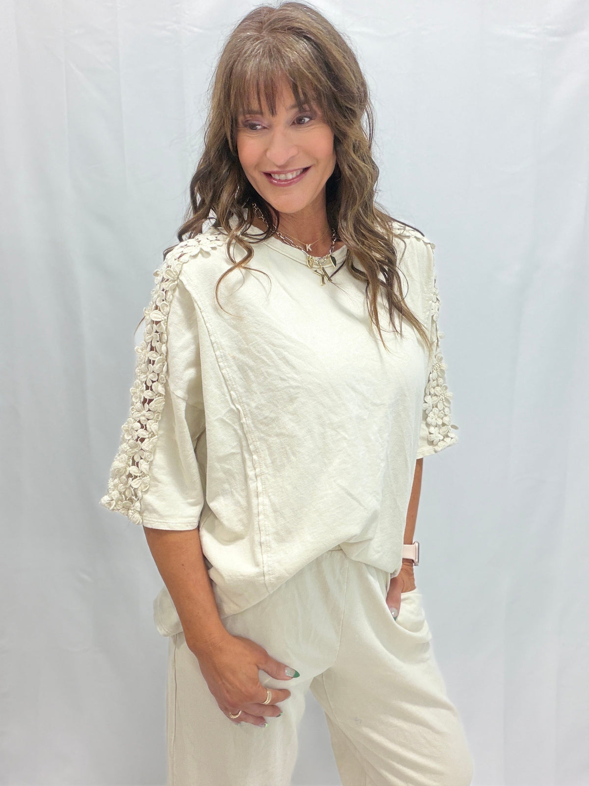 Petal Pusher Mineral Washed Flower Trim Lounge Top In 4 Colors