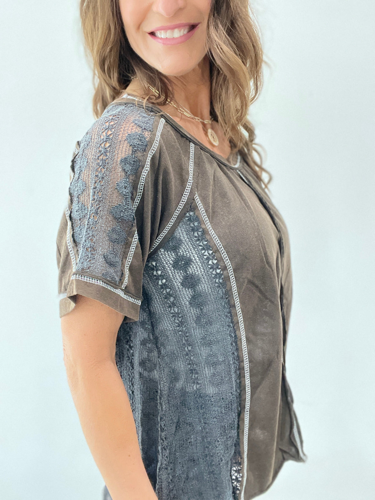 Pol Loose And Lacy Short Sleeve Top In 2 Colors: Black, Green *Final Sale*