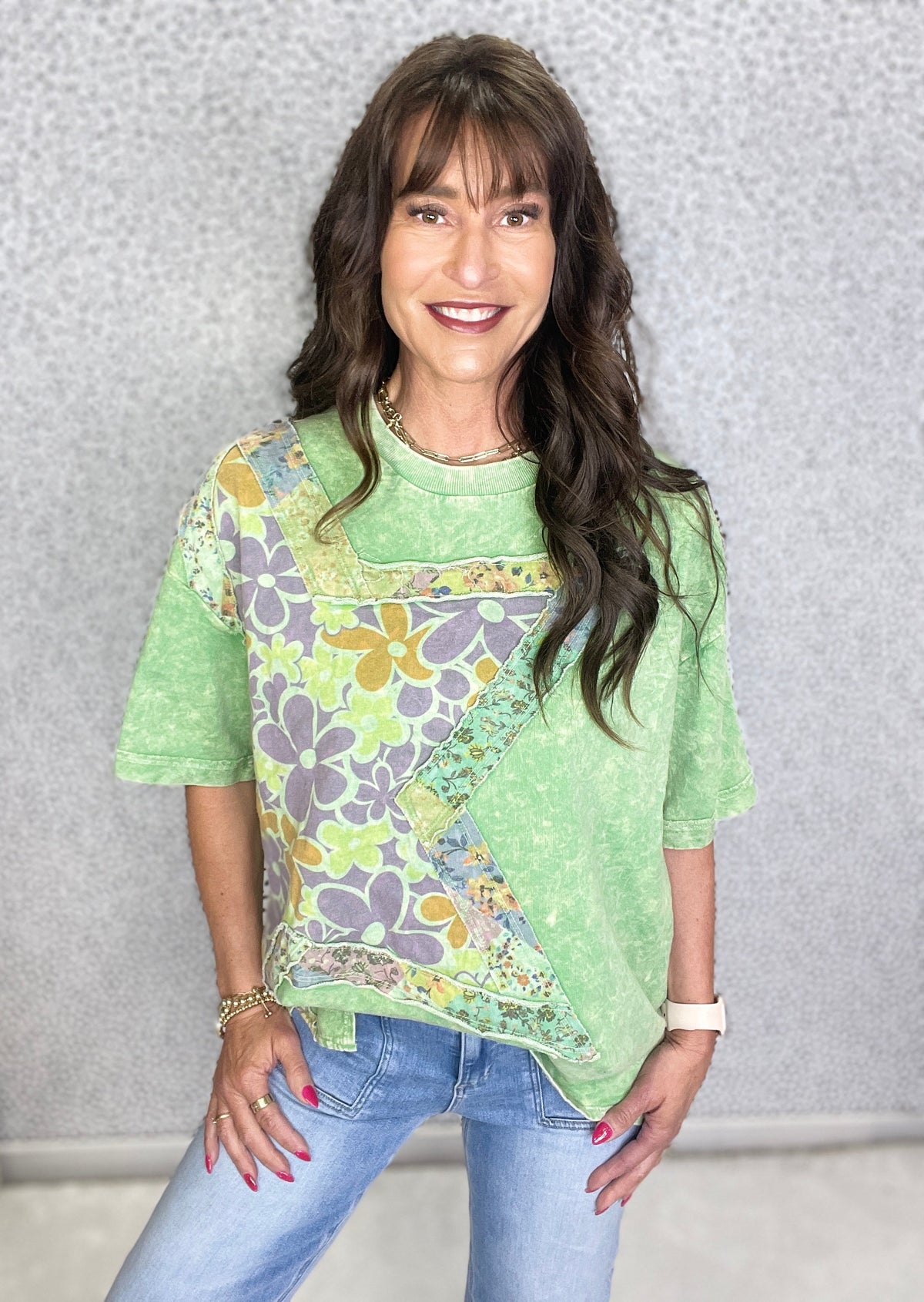 Starry Bloom Mineral Wash Star Floral Patch Tee In 4 Colors