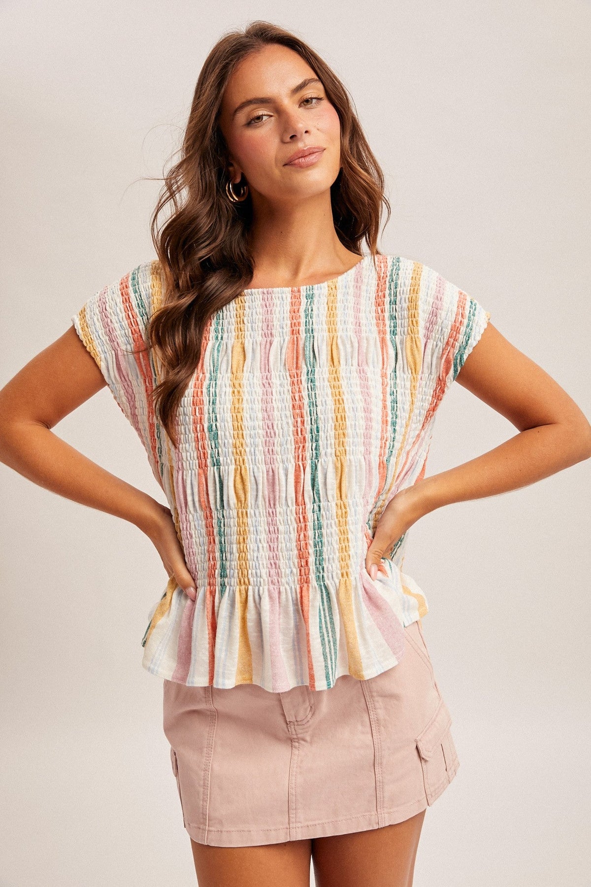 Pre-Order Boat Neck Tiered Smocked Cap Sleeves Knit Top In Multi *Final Sale*