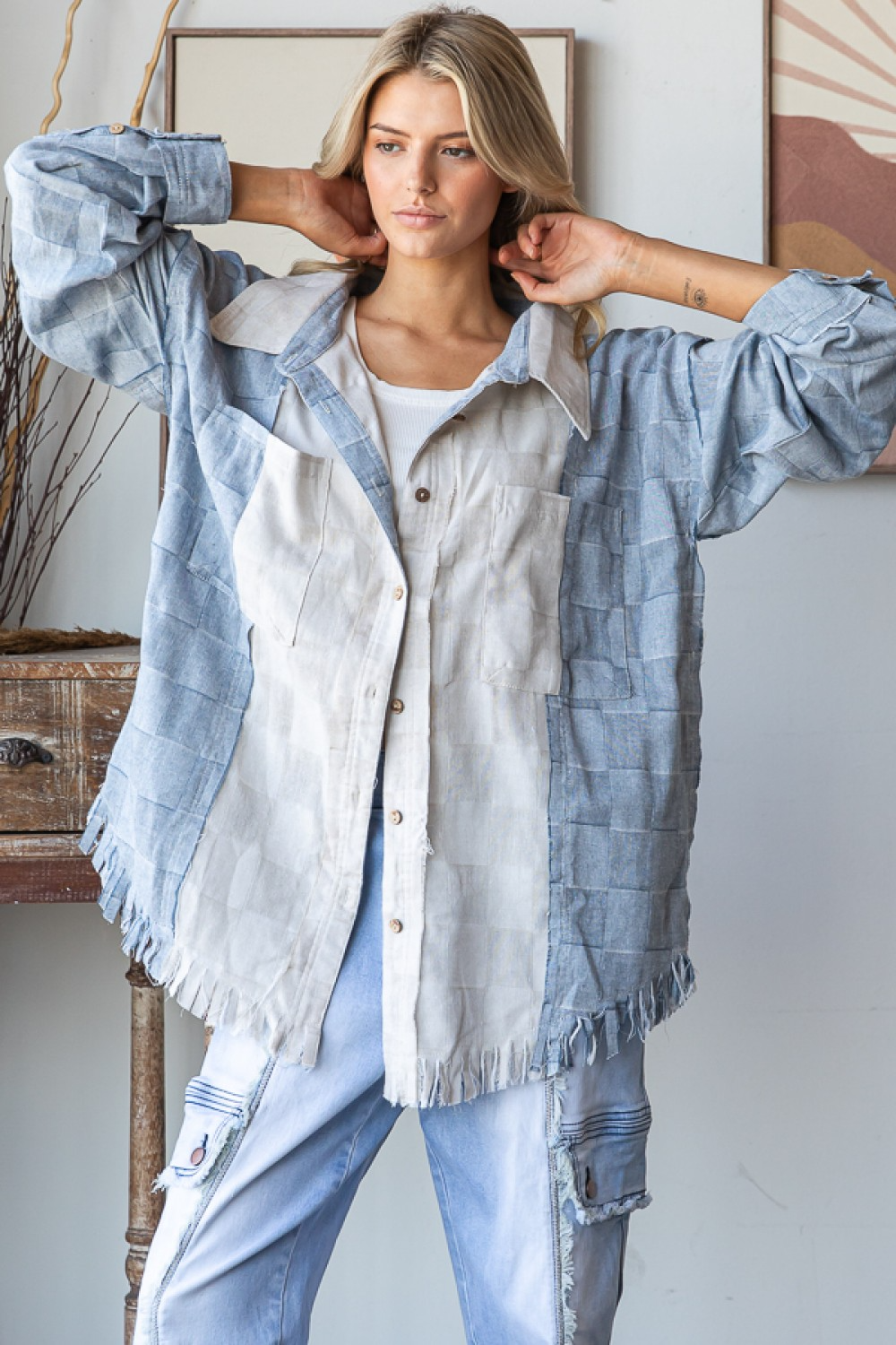Oli & Hali Lucky Me Checkerboard Button Down Top In Blue
