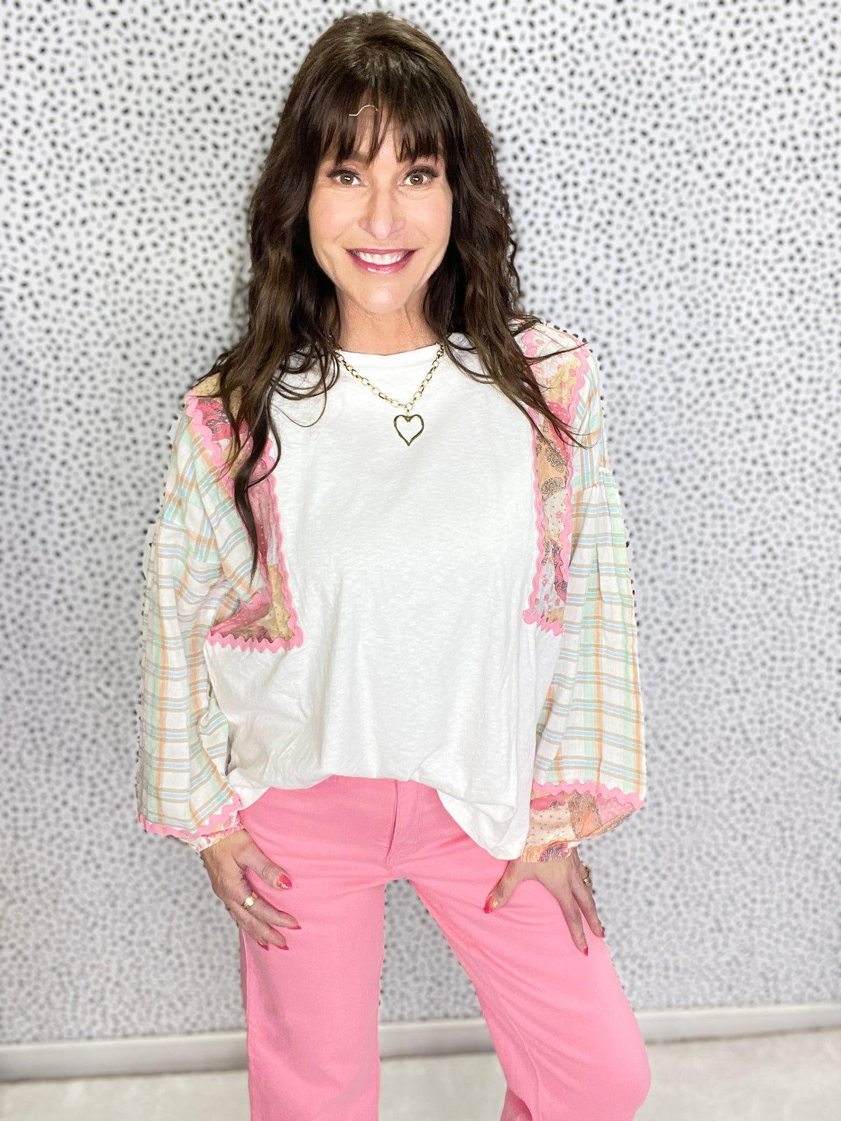 Work And Play All Day Long Sleeve Print Mix Top In 2 Colors