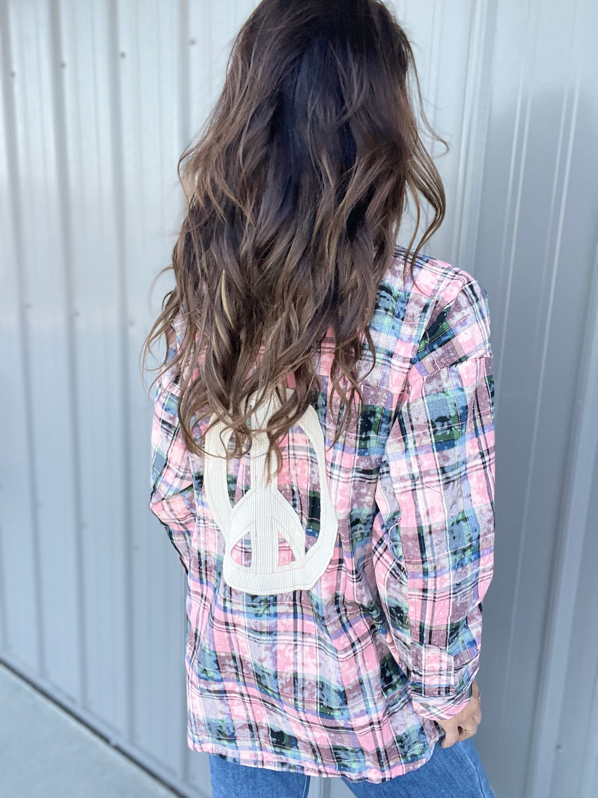 POL Groovy Grid Long Sleeve Plaid Cotton Button Up Top In 2 Colors: Blue, Pink *Final Sale*