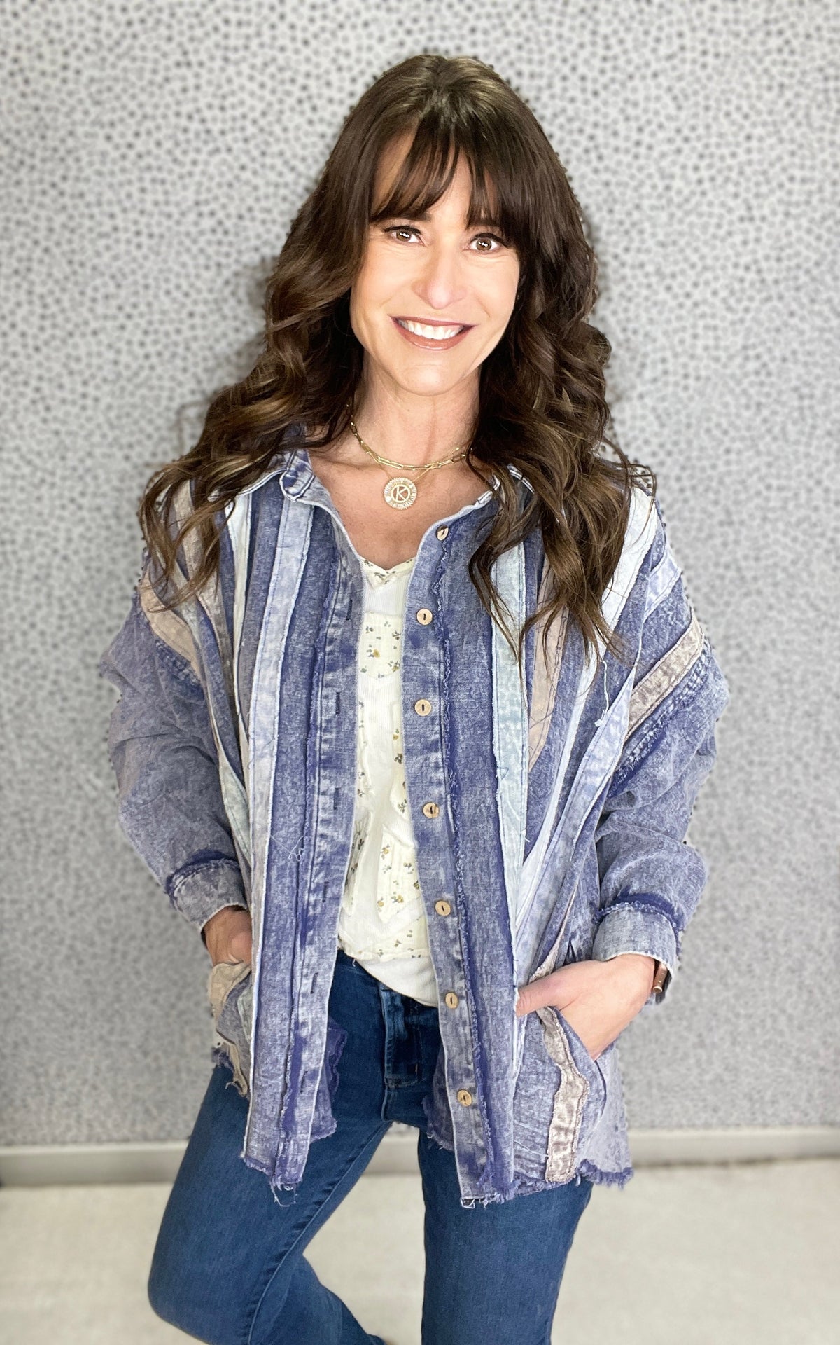 Oli & Hali Steal Your Thunder Stripe Button Down Top In Denim *Final Sale*